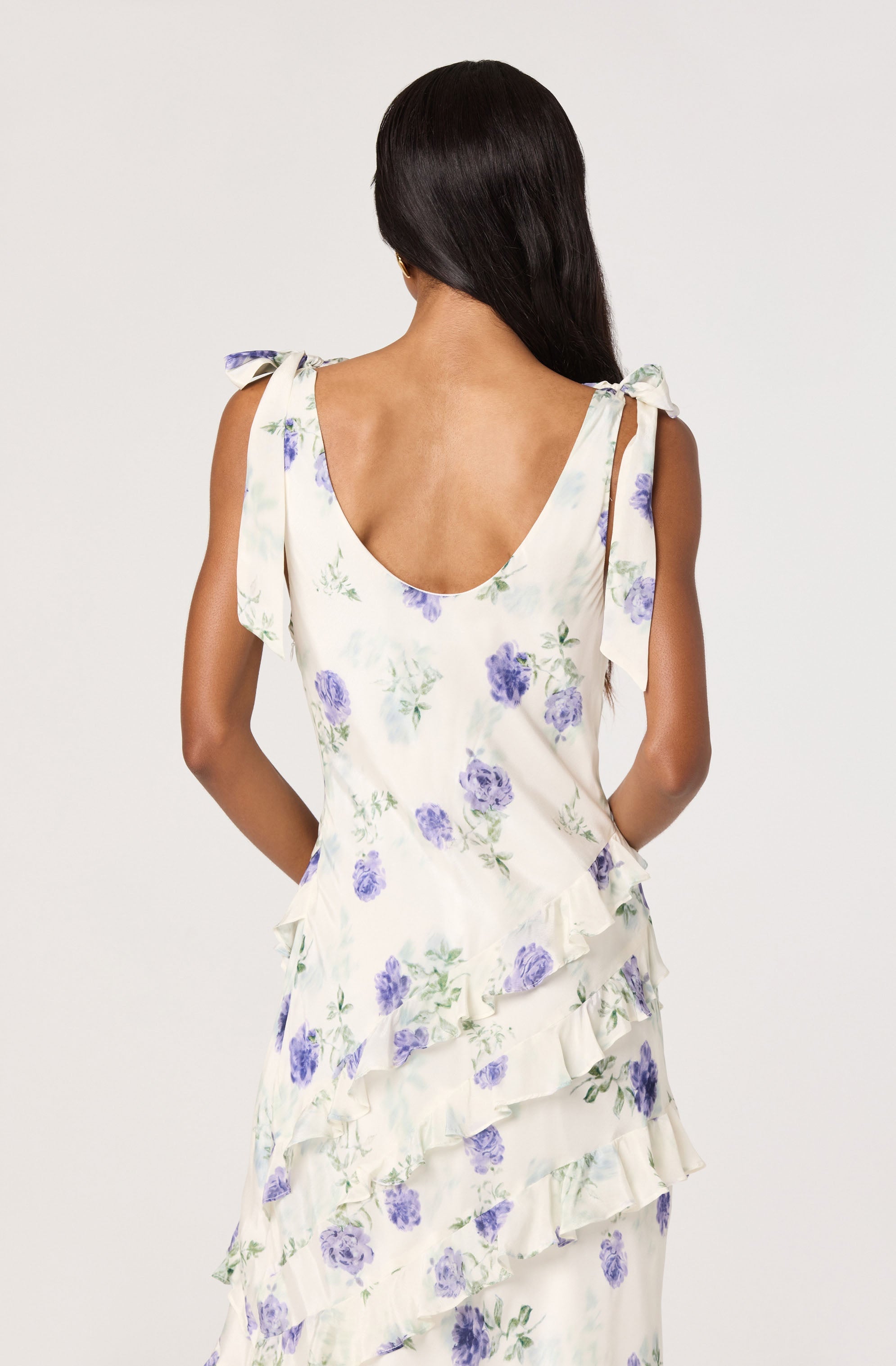 Fen Floral Tie-Strap Ruffle Midi Dress