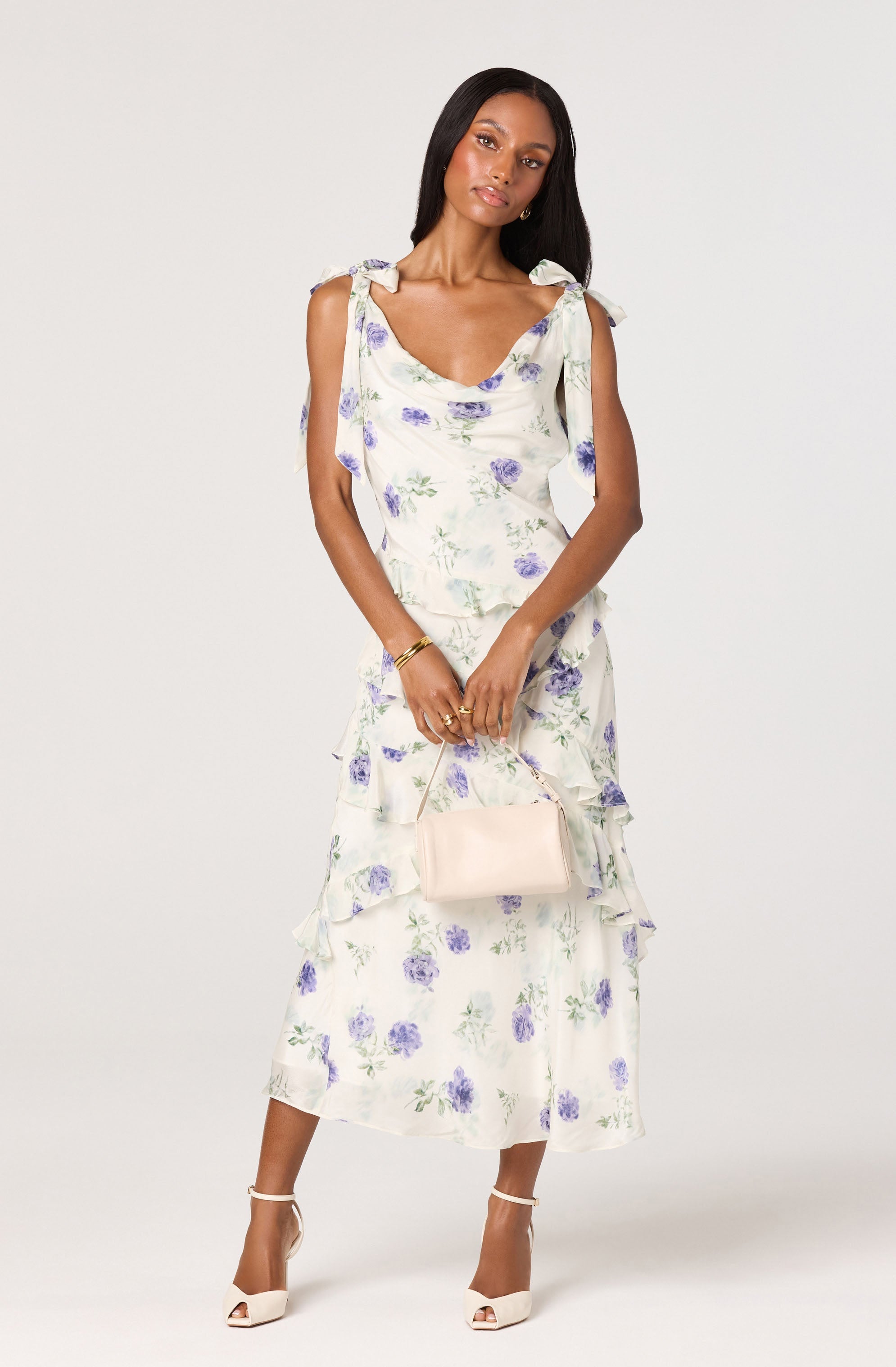 Fen Floral Tie-Strap Ruffle Midi Dress