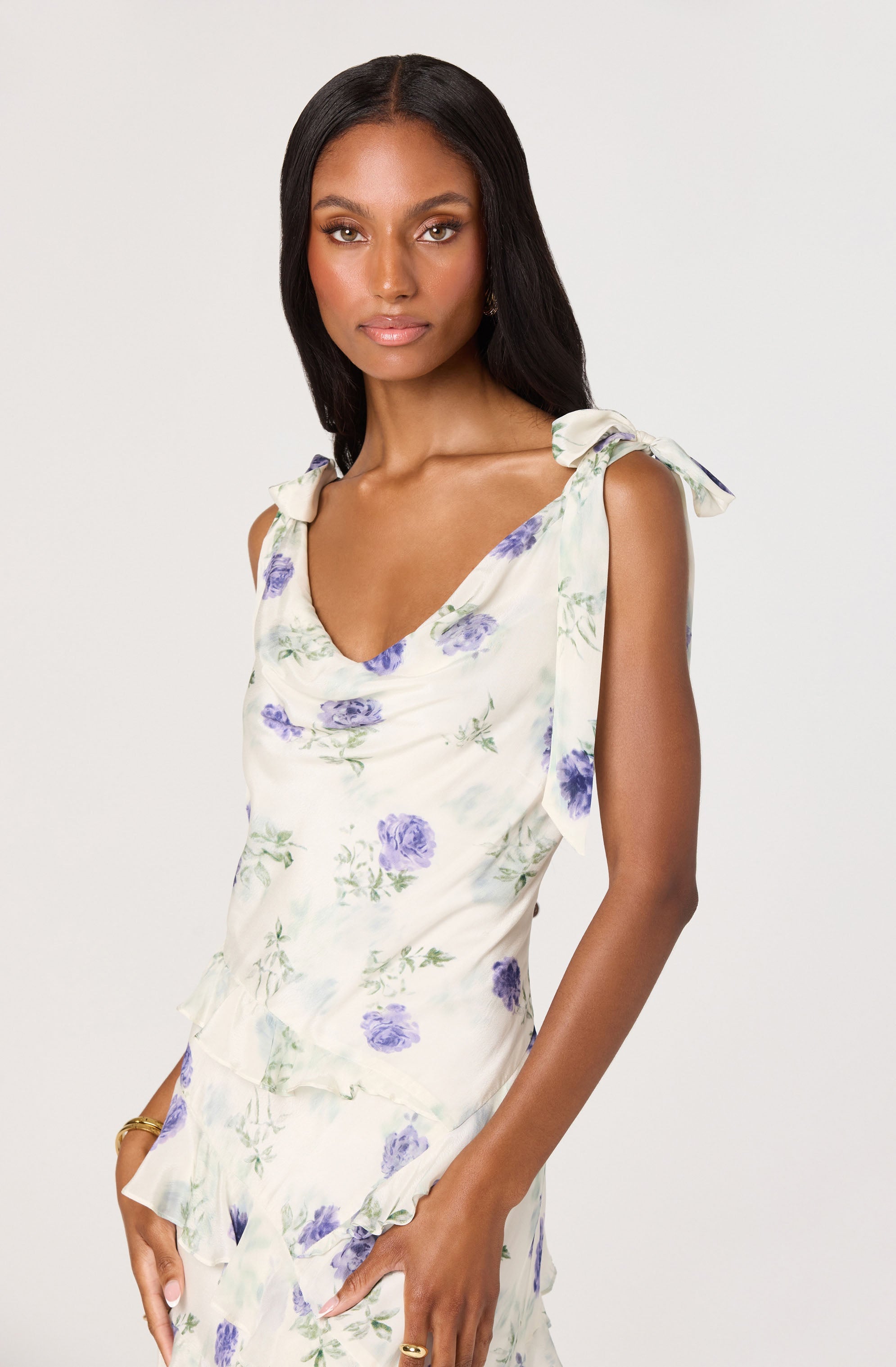 Fen Floral Tie-Strap Ruffle Midi Dress