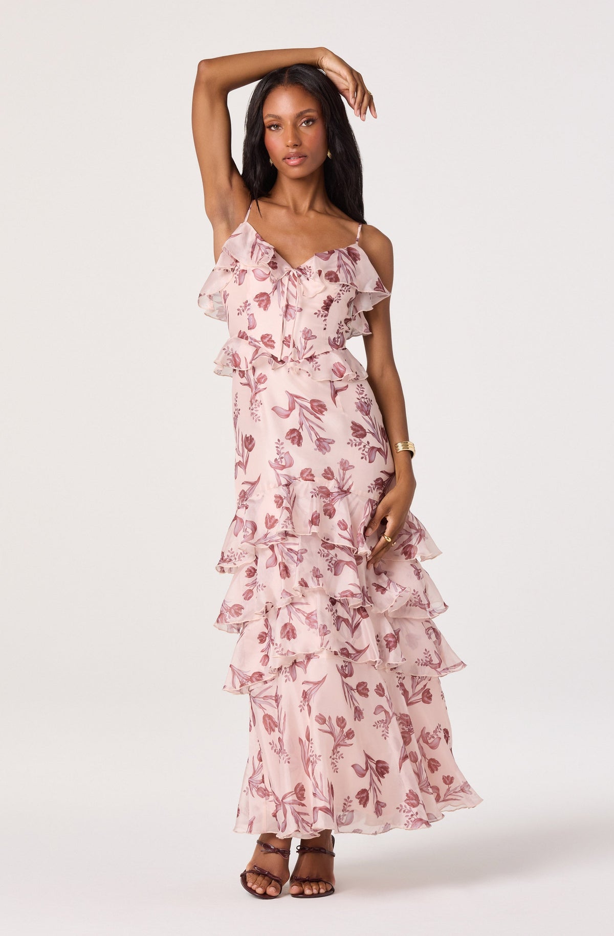 Emiliana V-Neck Ruffle Satin Maxi Dress