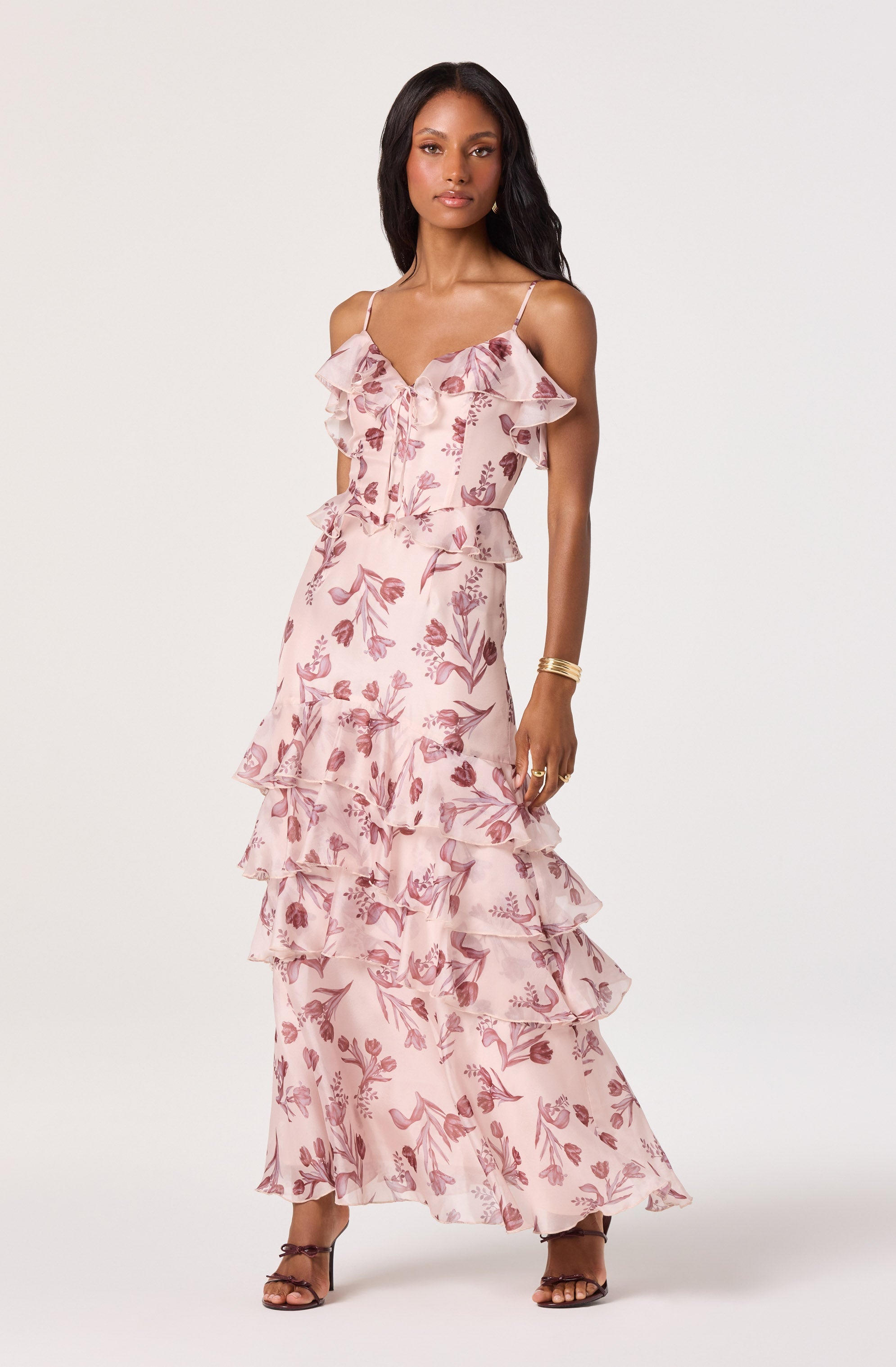 Emiliana V-Neck Ruffle Satin Maxi Dress