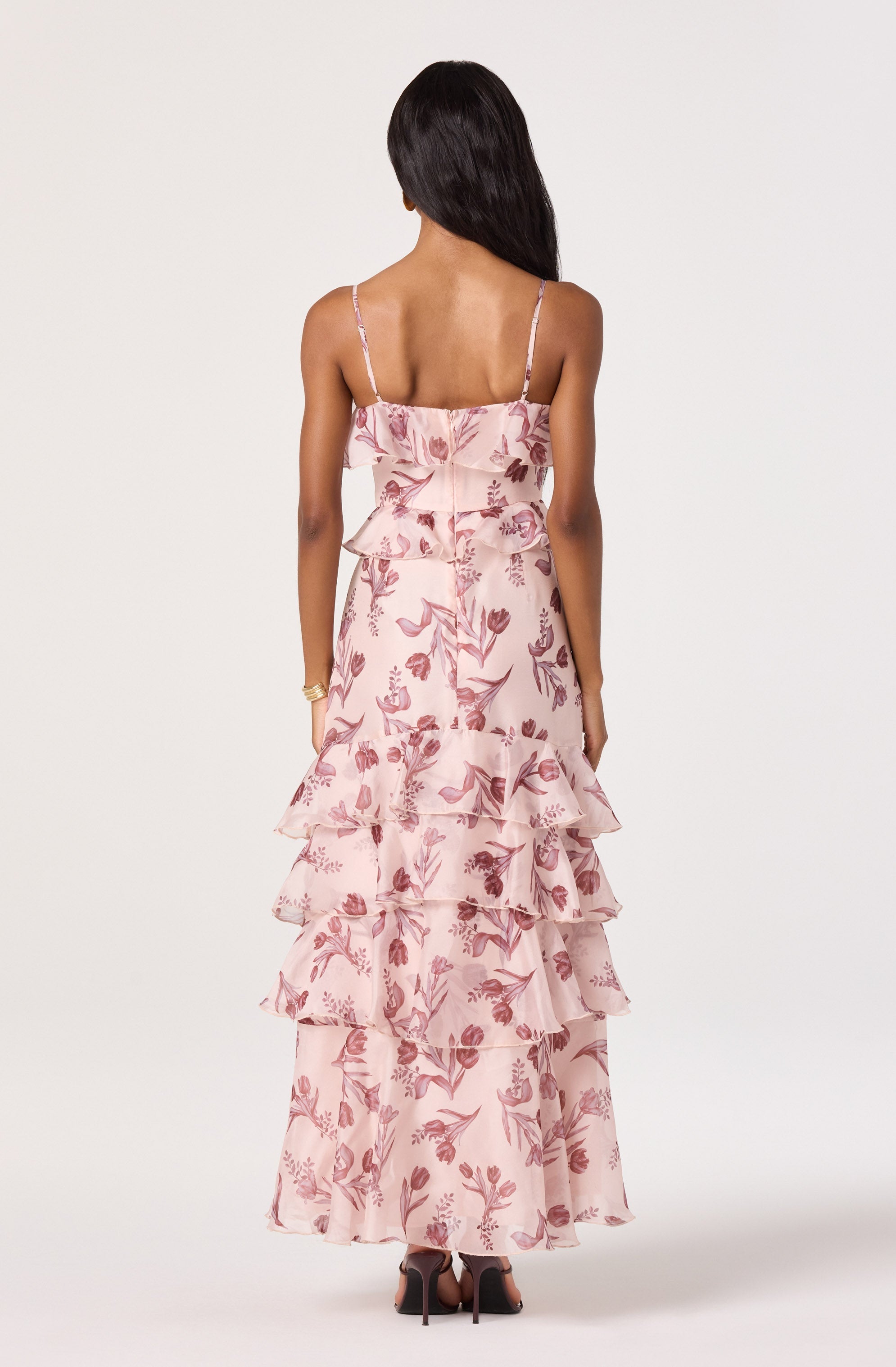 Emiliana V-Neck Ruffle Satin Maxi Dress