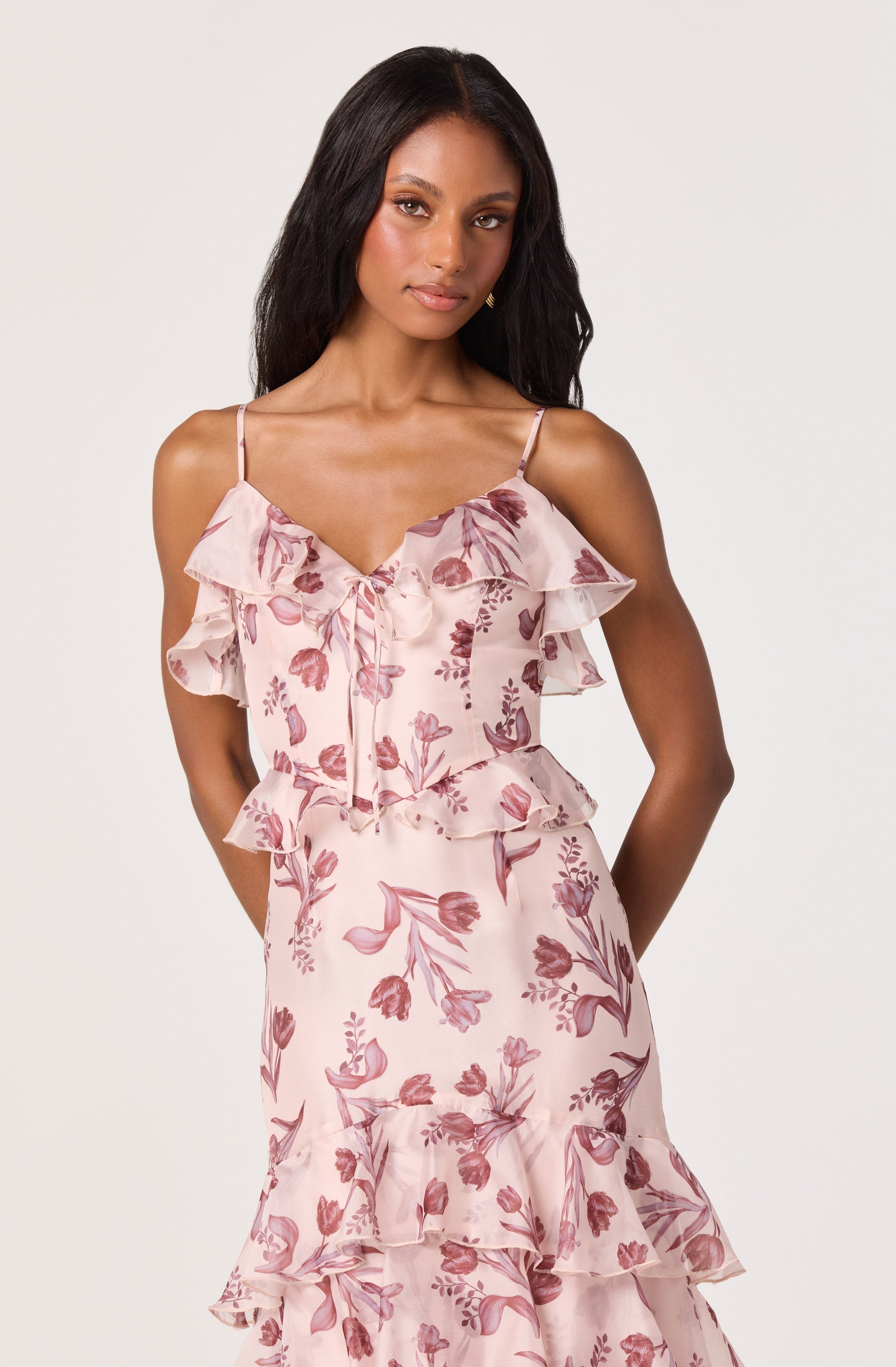 Emiliana V-Neck Ruffle Satin Maxi Dress