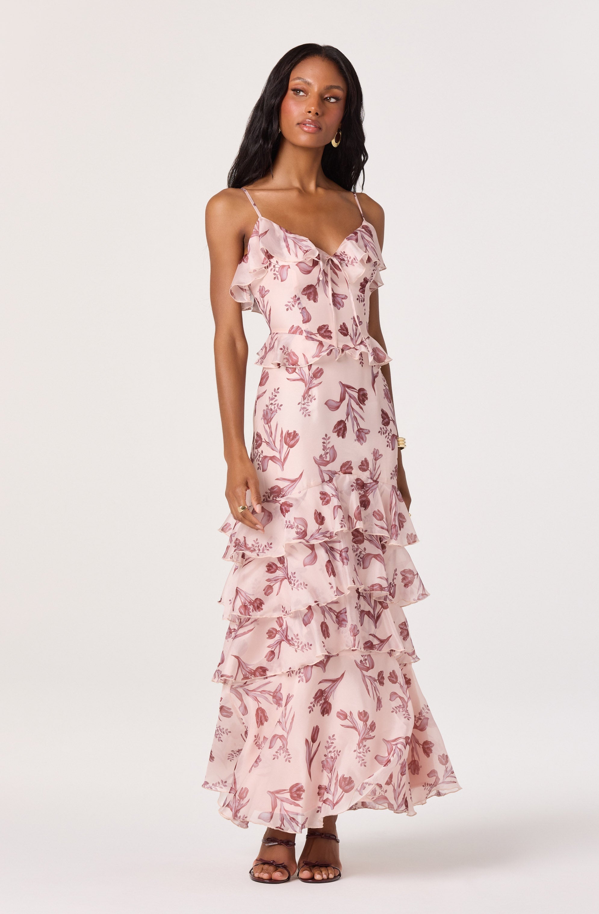 Emiliana V-Neck Ruffle Satin Maxi Dress