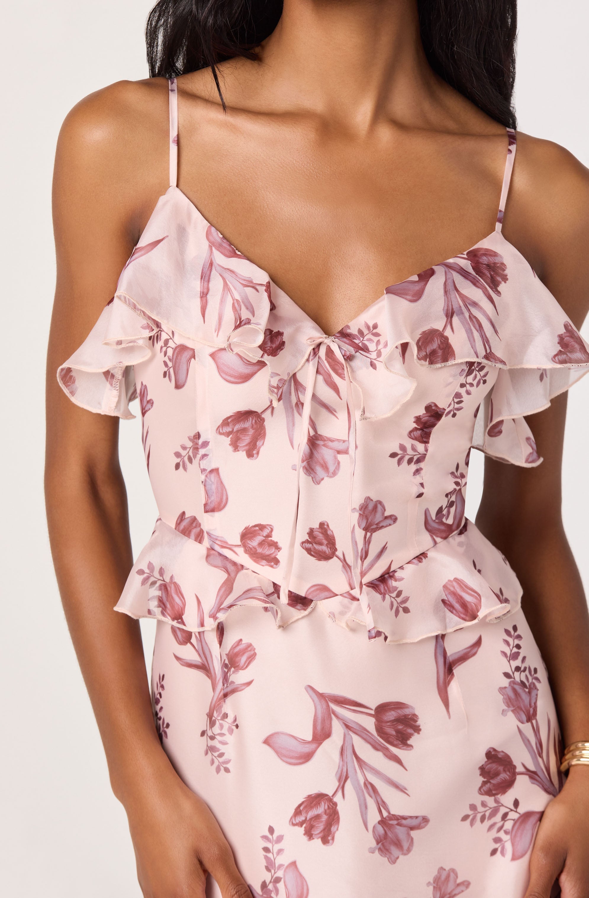 Emiliana V-Neck Ruffle Satin Maxi Dress