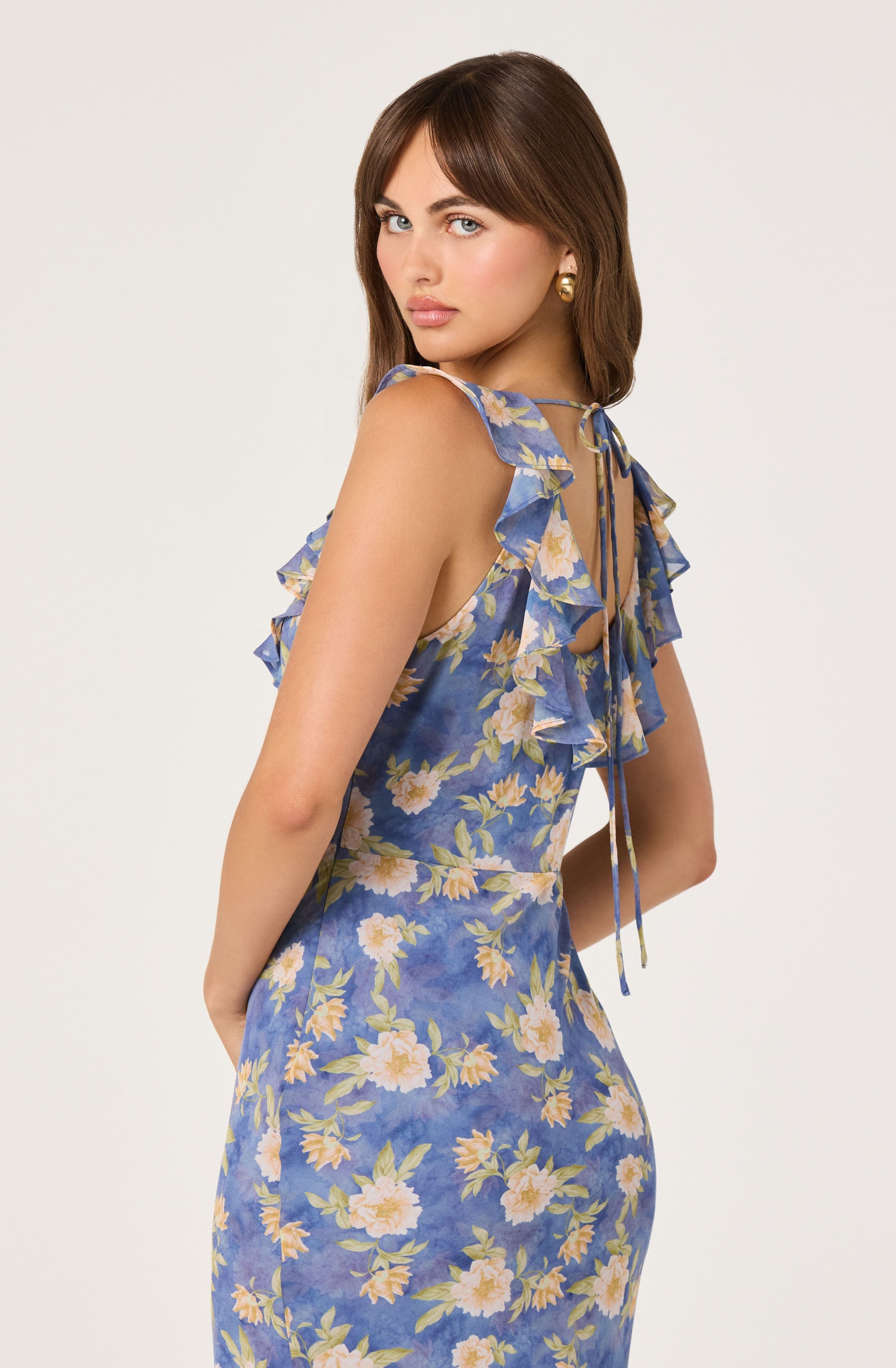 Caroletta Ruffle-Neck Chiffon Maxi Dress