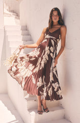Clea Pleated Satin V-Neck Maxi Dress