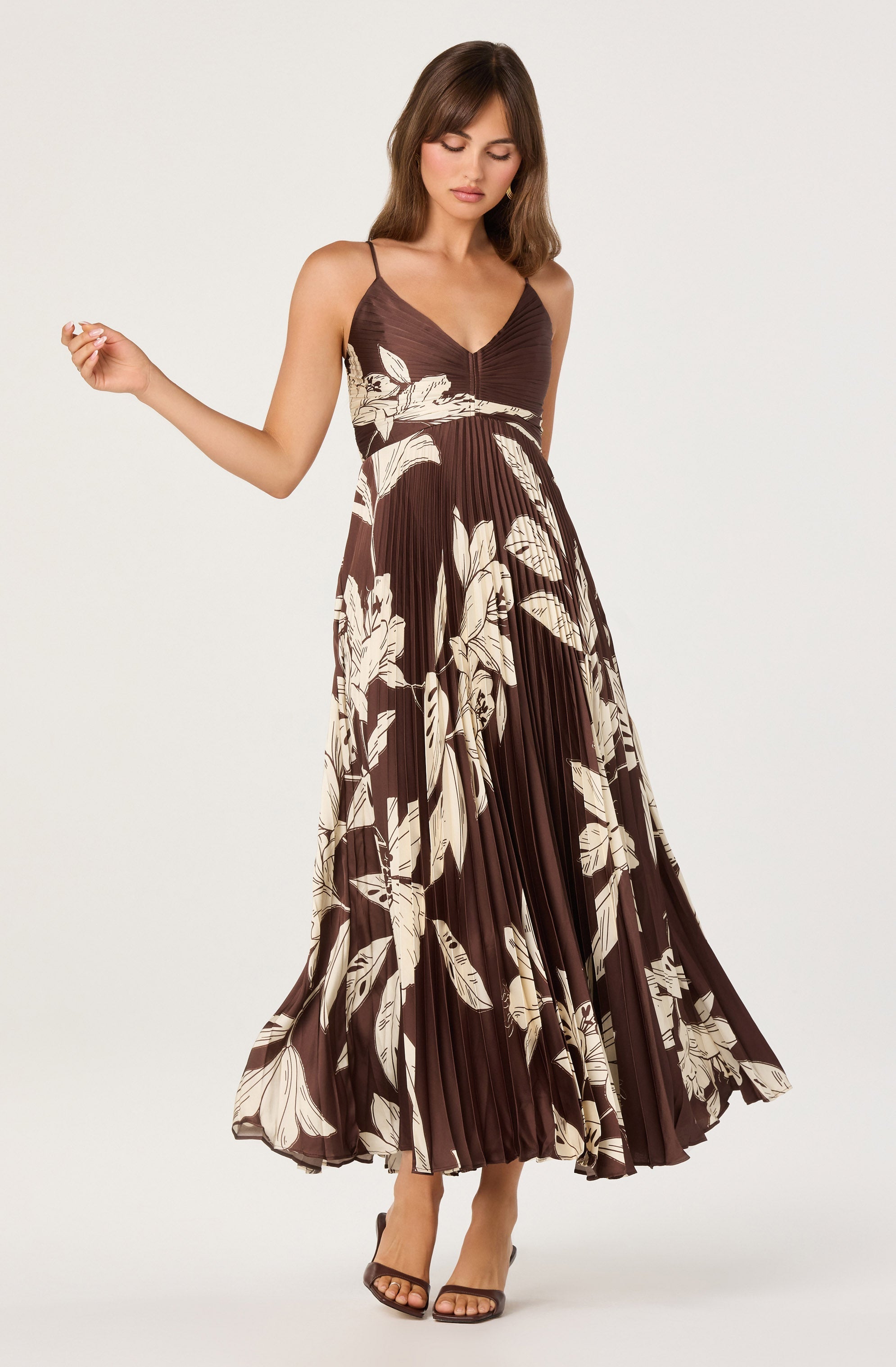 Clea Pleated Satin V-Neck Maxi Dress