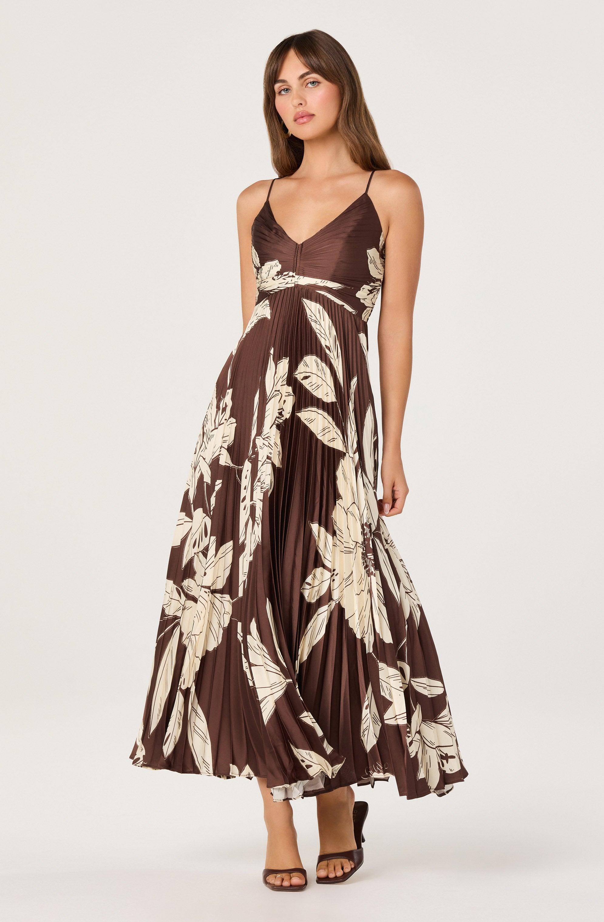 Clea Pleated Satin V-Neck Maxi Dress