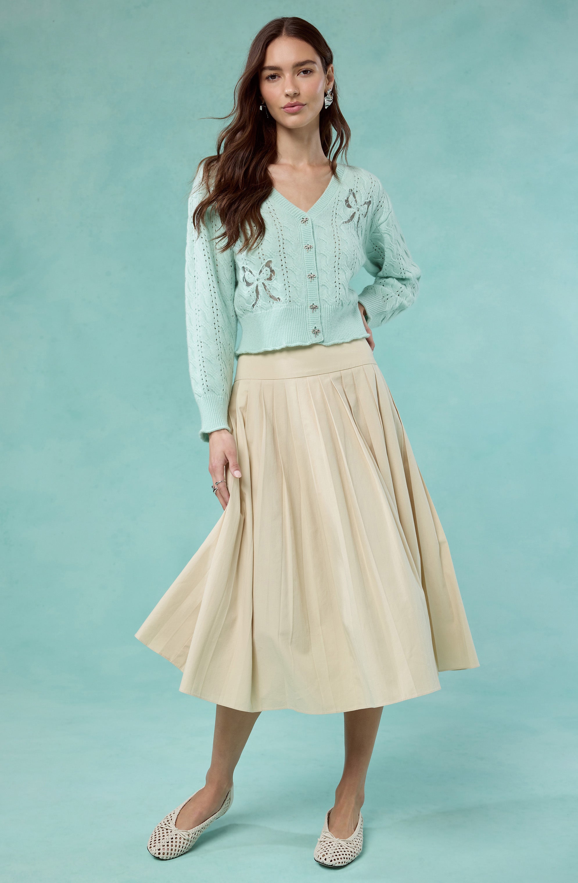 Aubrianna Pleated Drop-Waist Midi Skirt