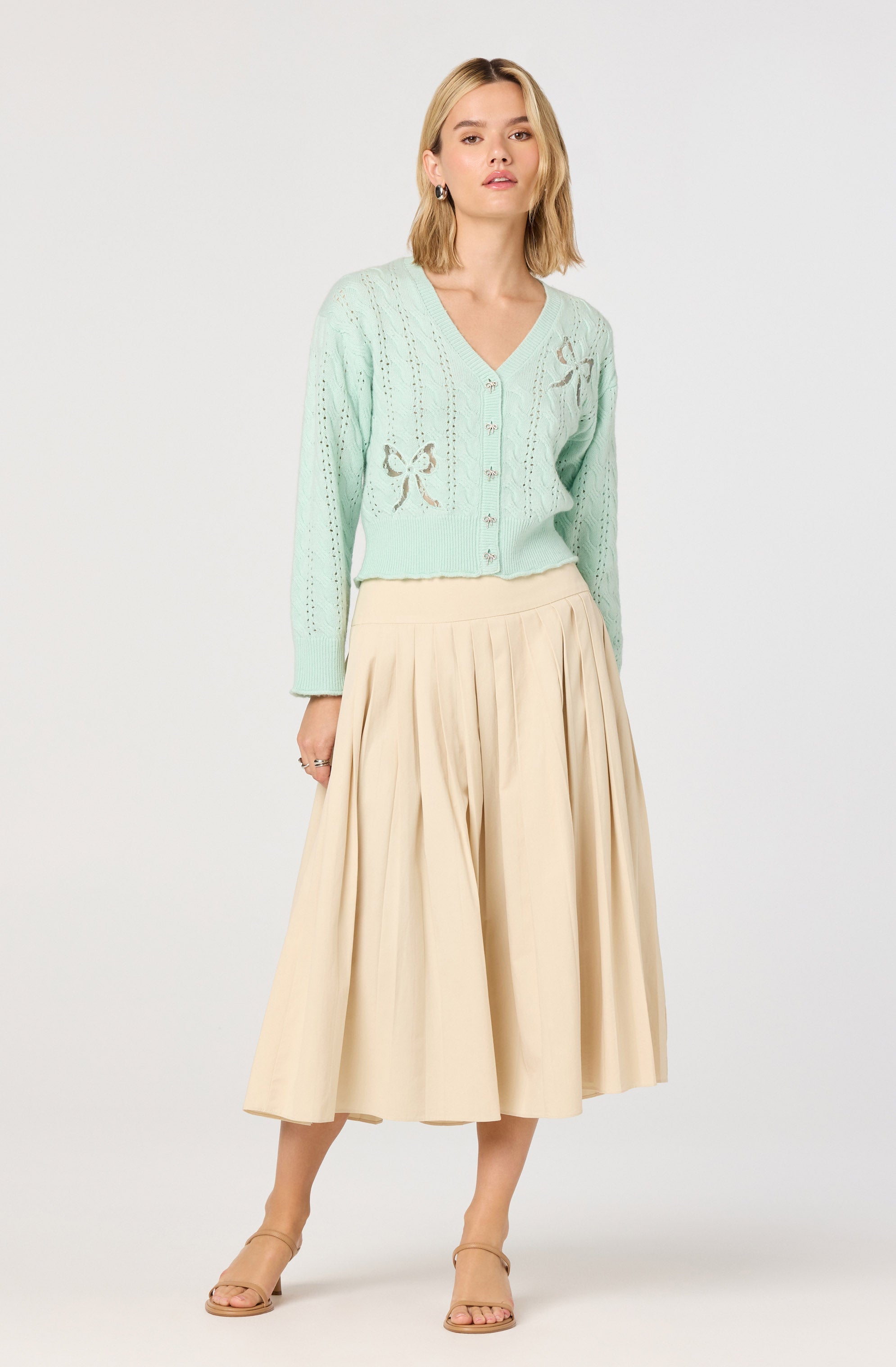 Aubrianna Pleated Drop-Waist Midi Skirt