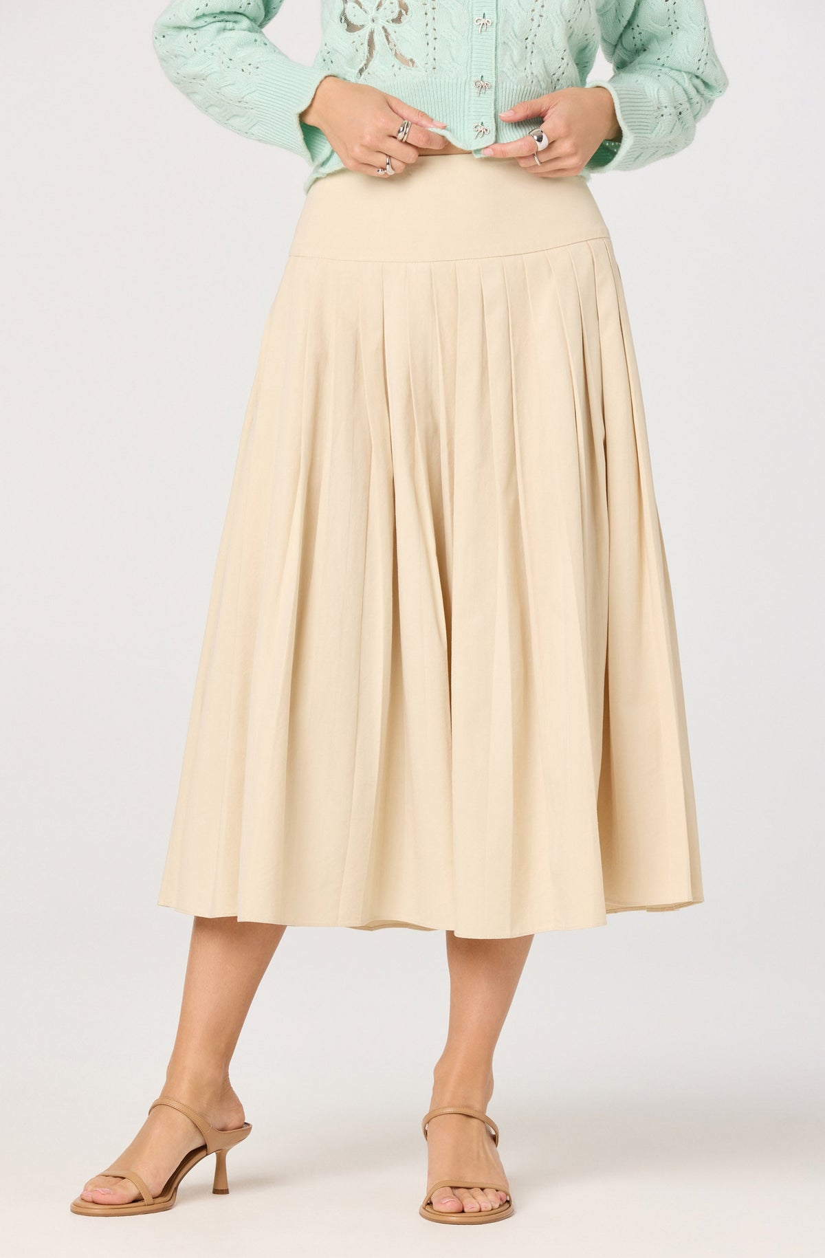 Aubrianna Pleated Drop-Waist Midi Skirt