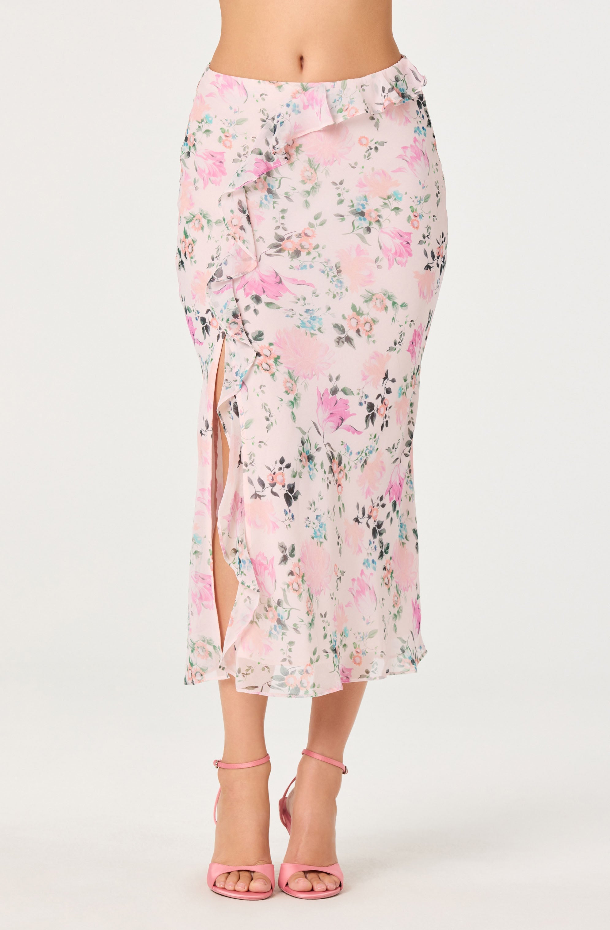 Ananda Floral Bias-Cut Ruffle Midi Skirt