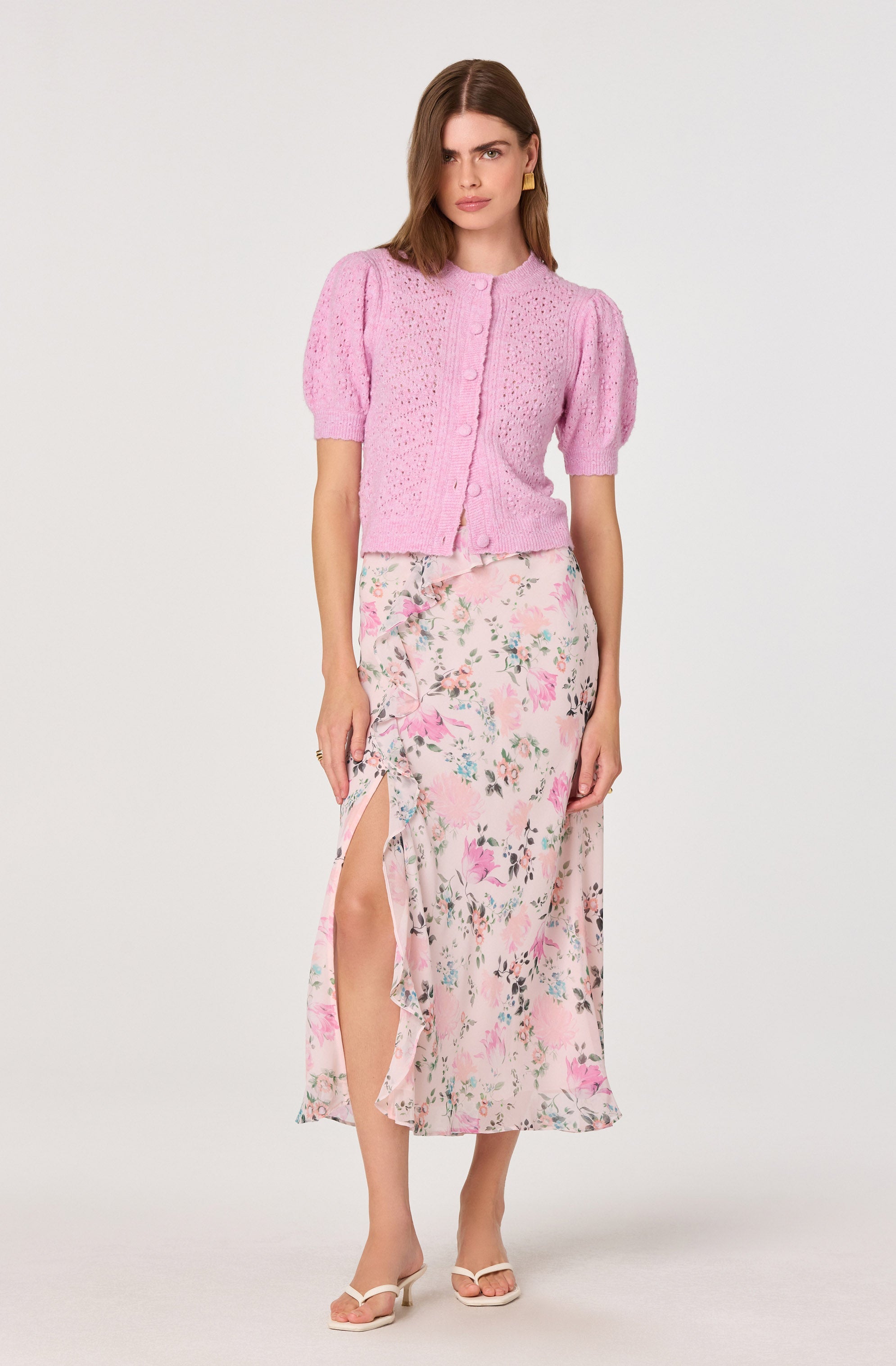 Ananda Floral Bias-Cut Ruffle Midi Skirt