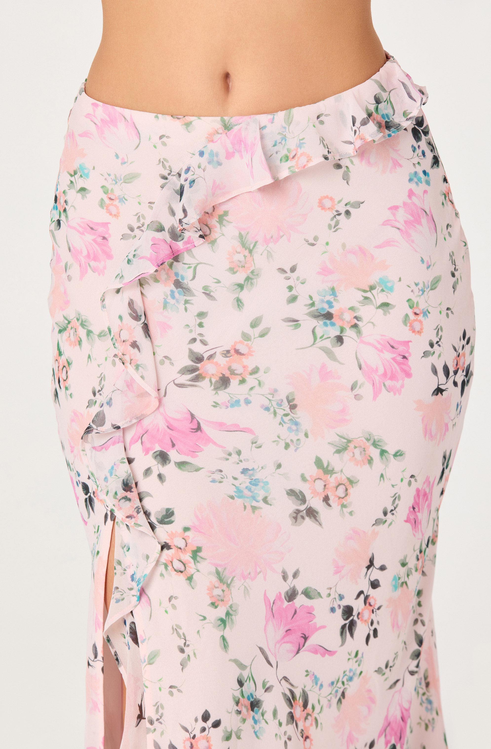 Ananda Floral Bias-Cut Ruffle Midi Skirt
