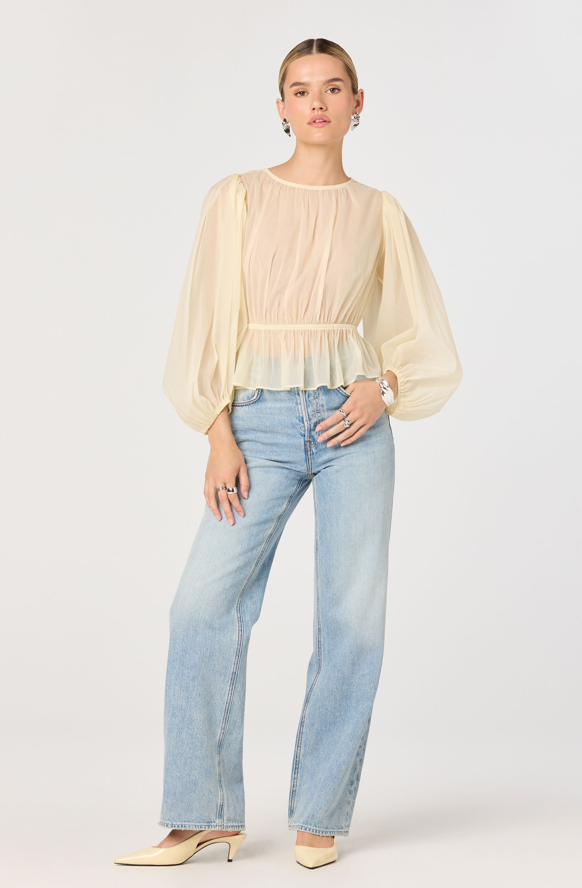 Amie Shirred Balloon Sleeve Peplum Top