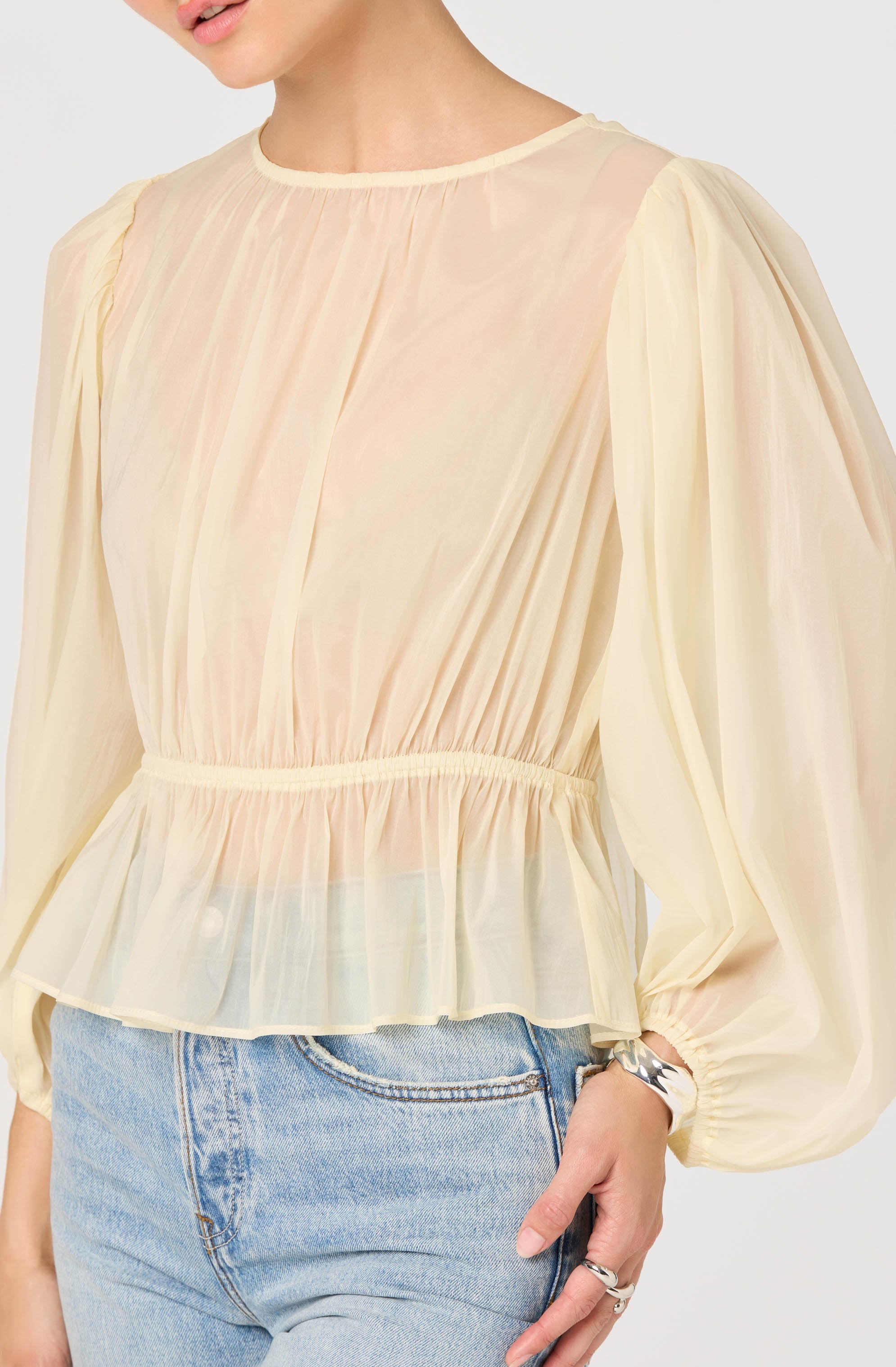 Amie Shirred Balloon Sleeve Peplum Top