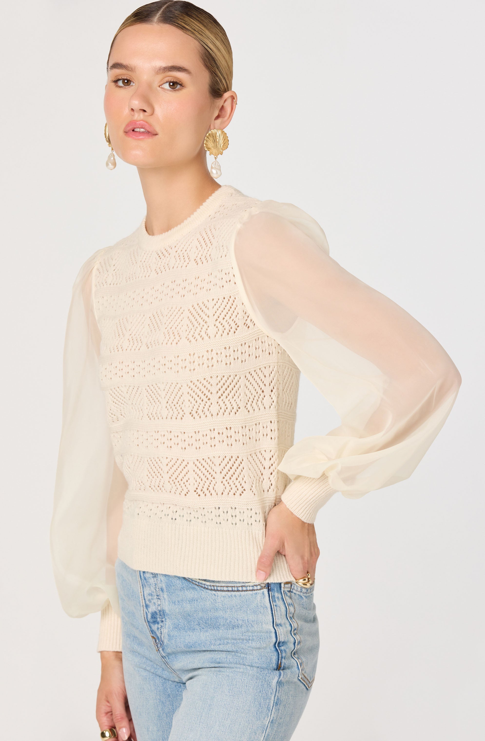 Ann Crochet Knit Balloon Sleeve Sweater