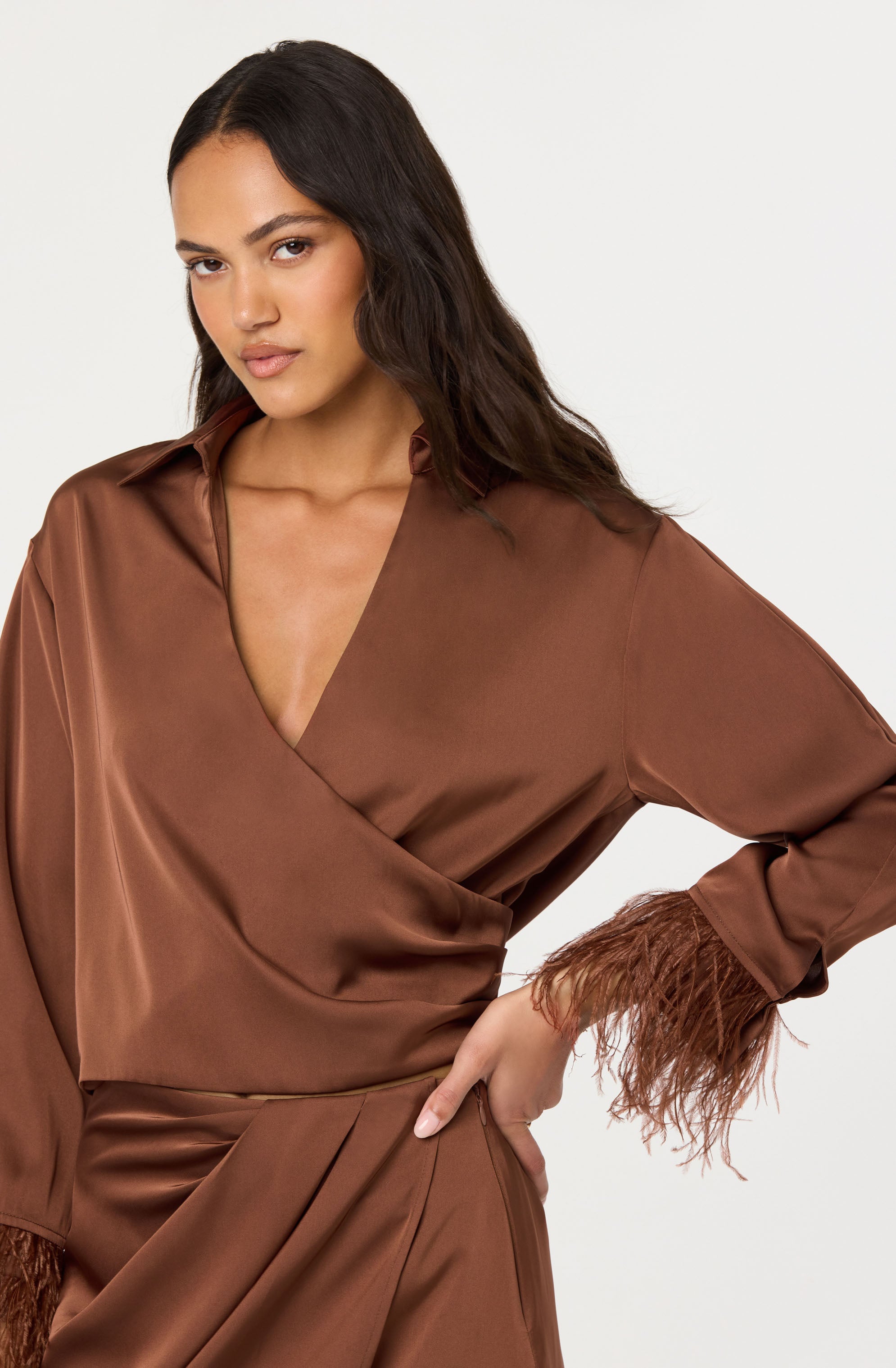 Catrina Satin Feather Trim Top