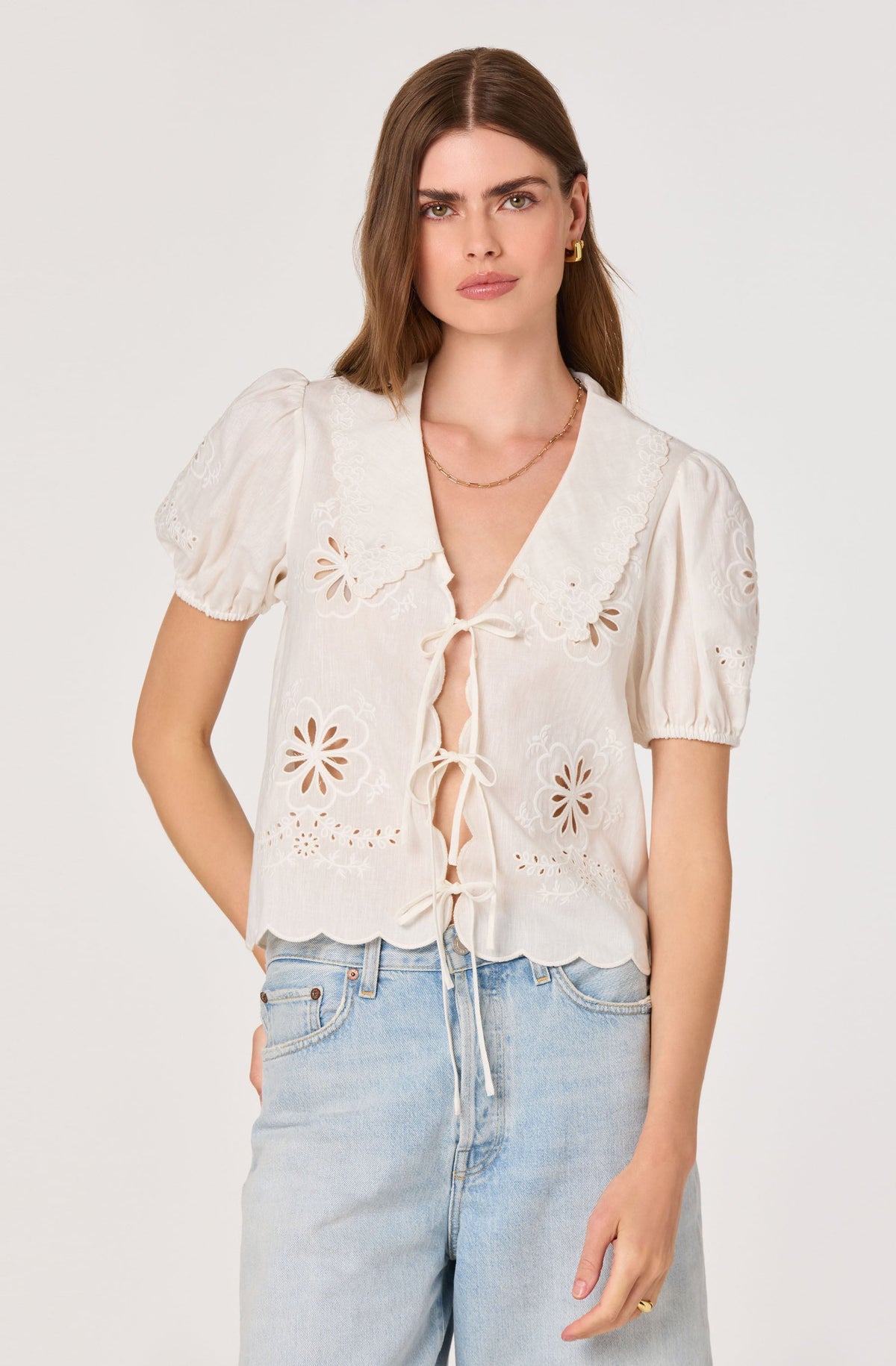 Eider Embroidered Cutwork Tie-Front Top