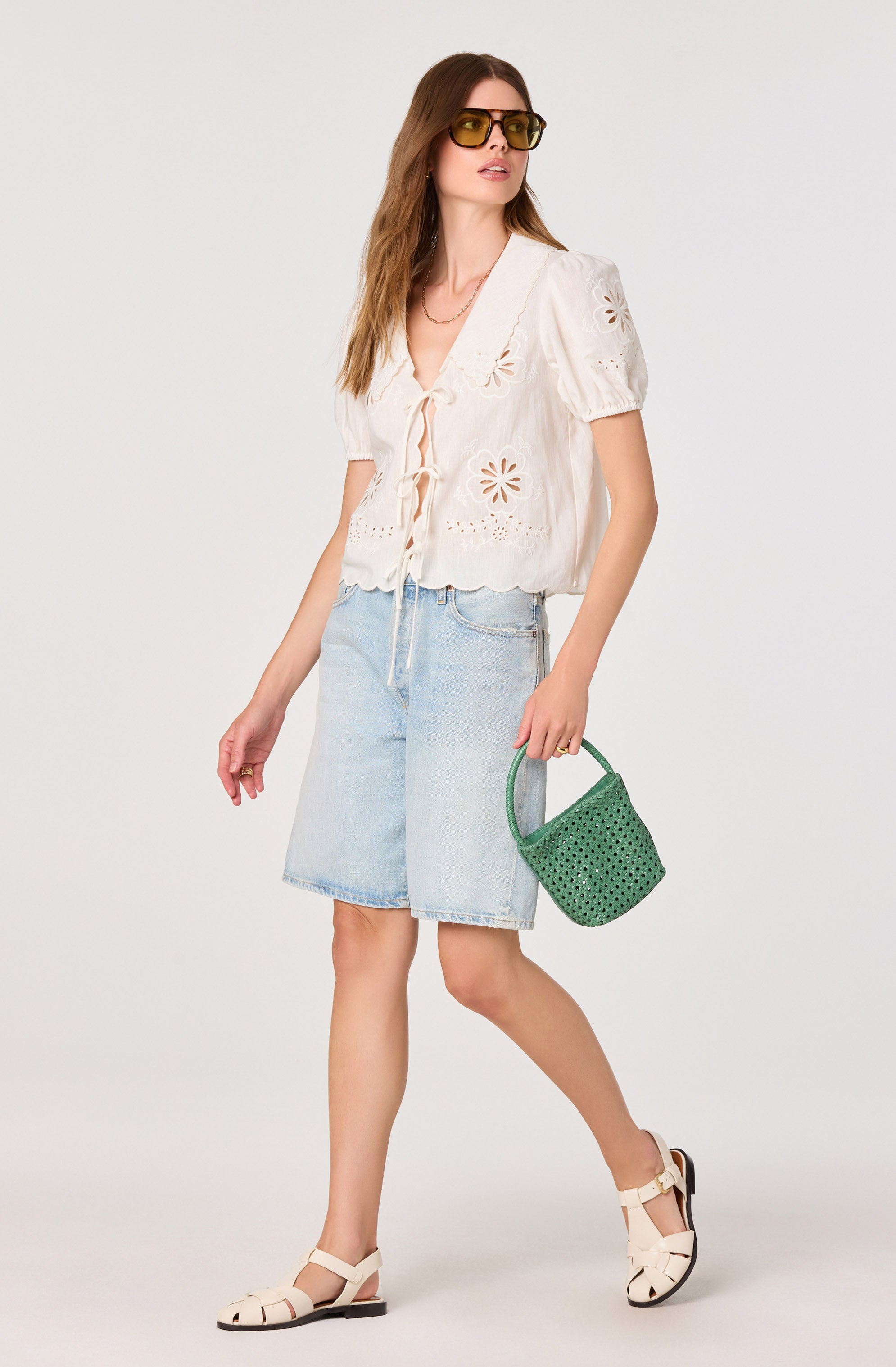 Eider Embroidered Cutwork Tie-Front Top