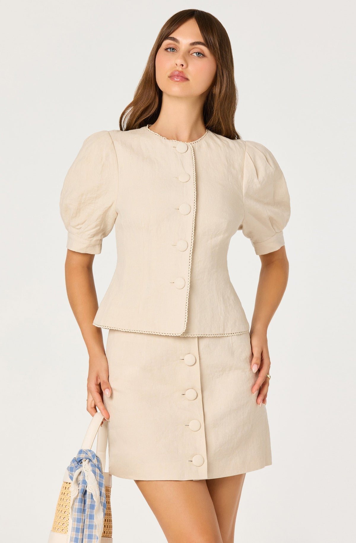 Cailey Linen Puff Sleeve Button-Front Top