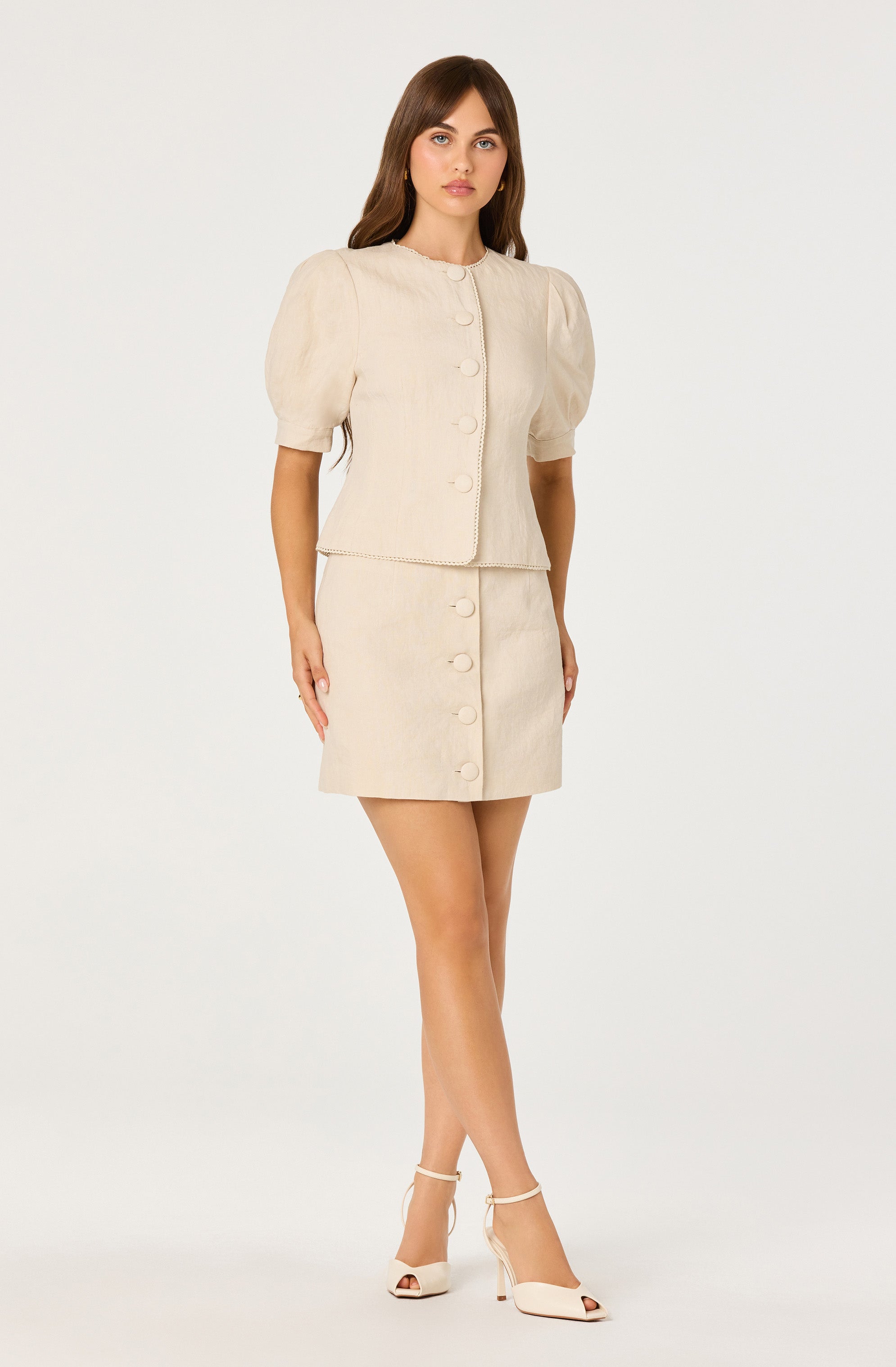 Cailey Linen Puff Sleeve Button-Front Top