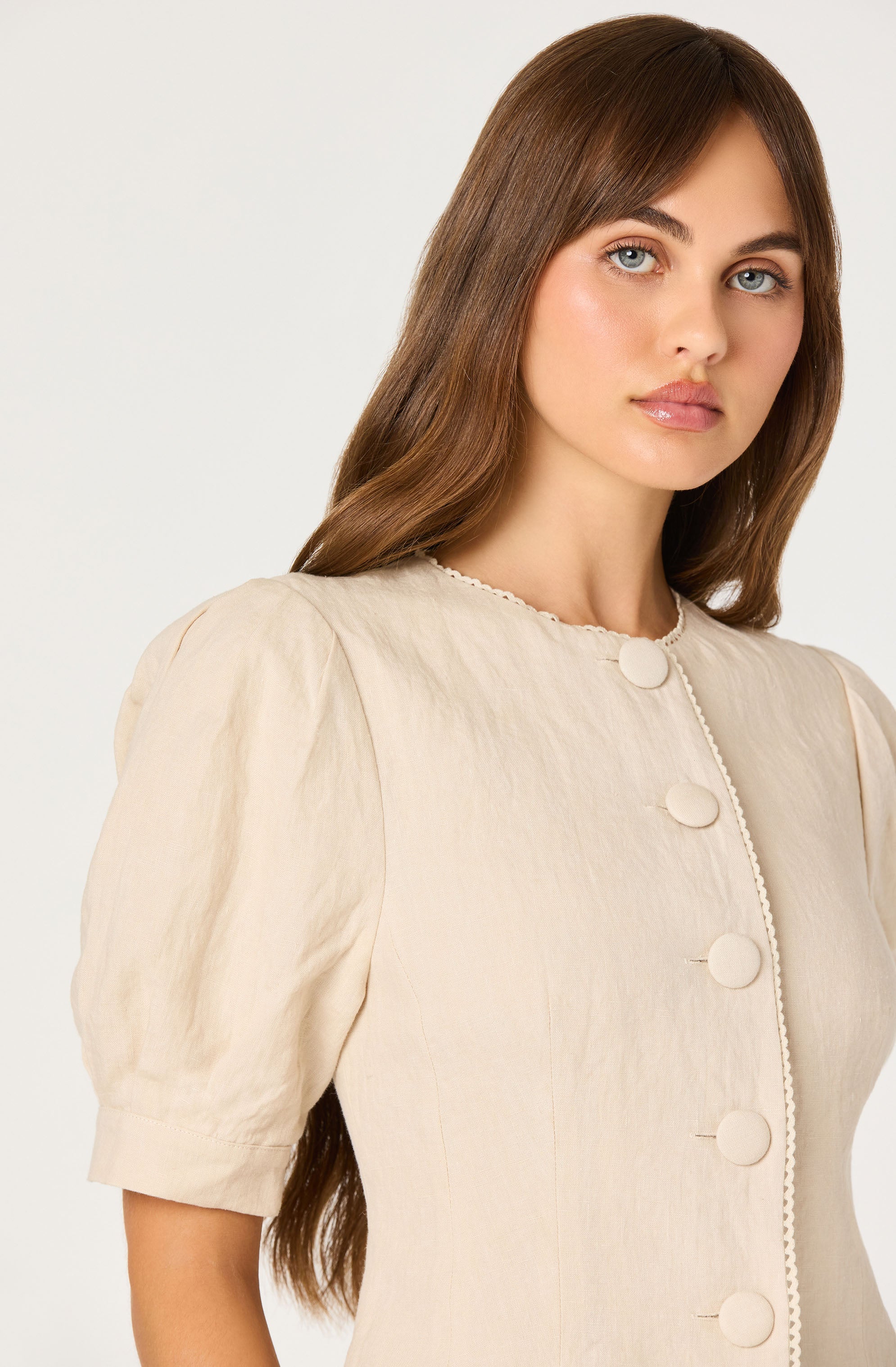 Cailey Linen Puff Sleeve Button-Front Top