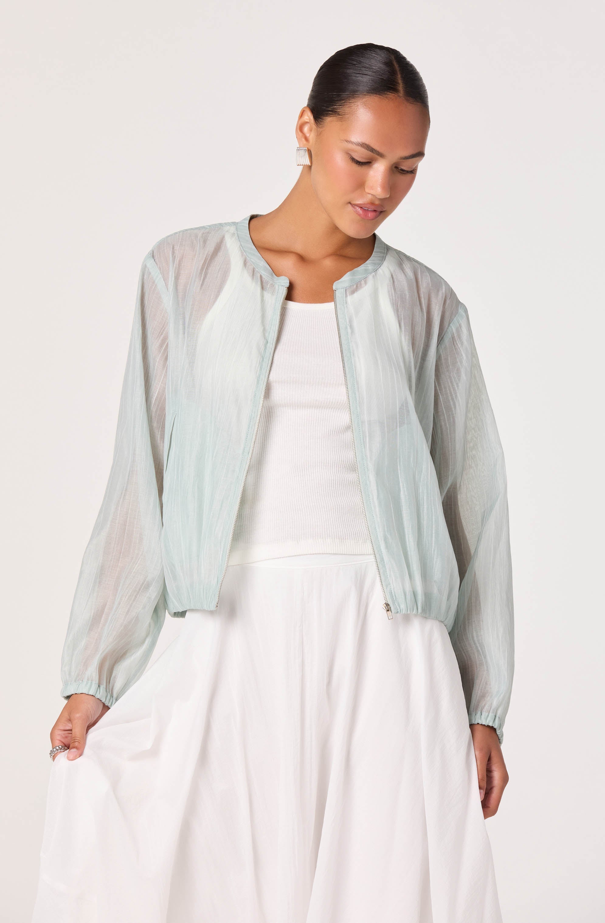 Aeva Sheer Chiffon Bomber Jacket
