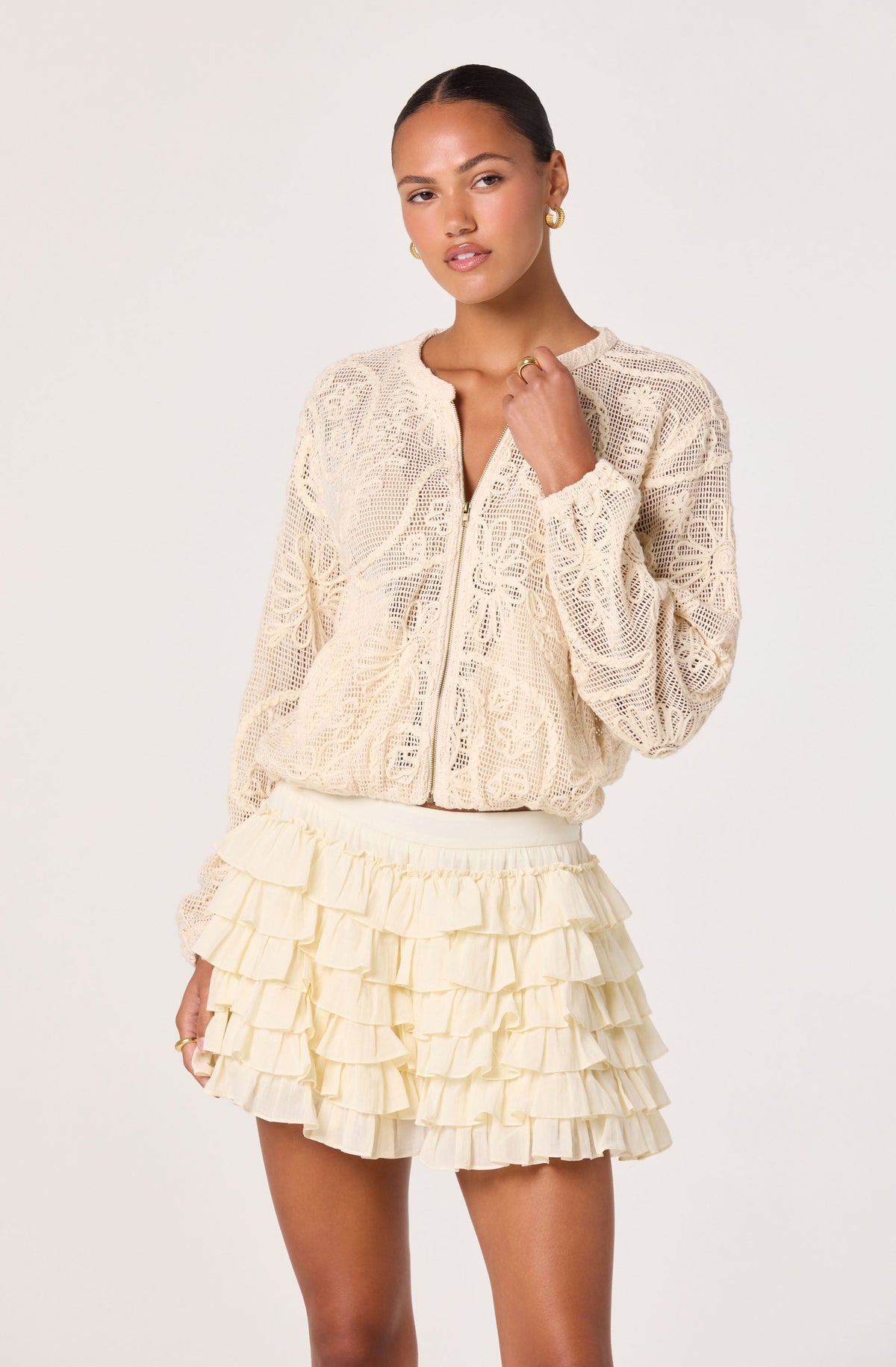 Aeva Embroidered Crochet Bomber Jacket