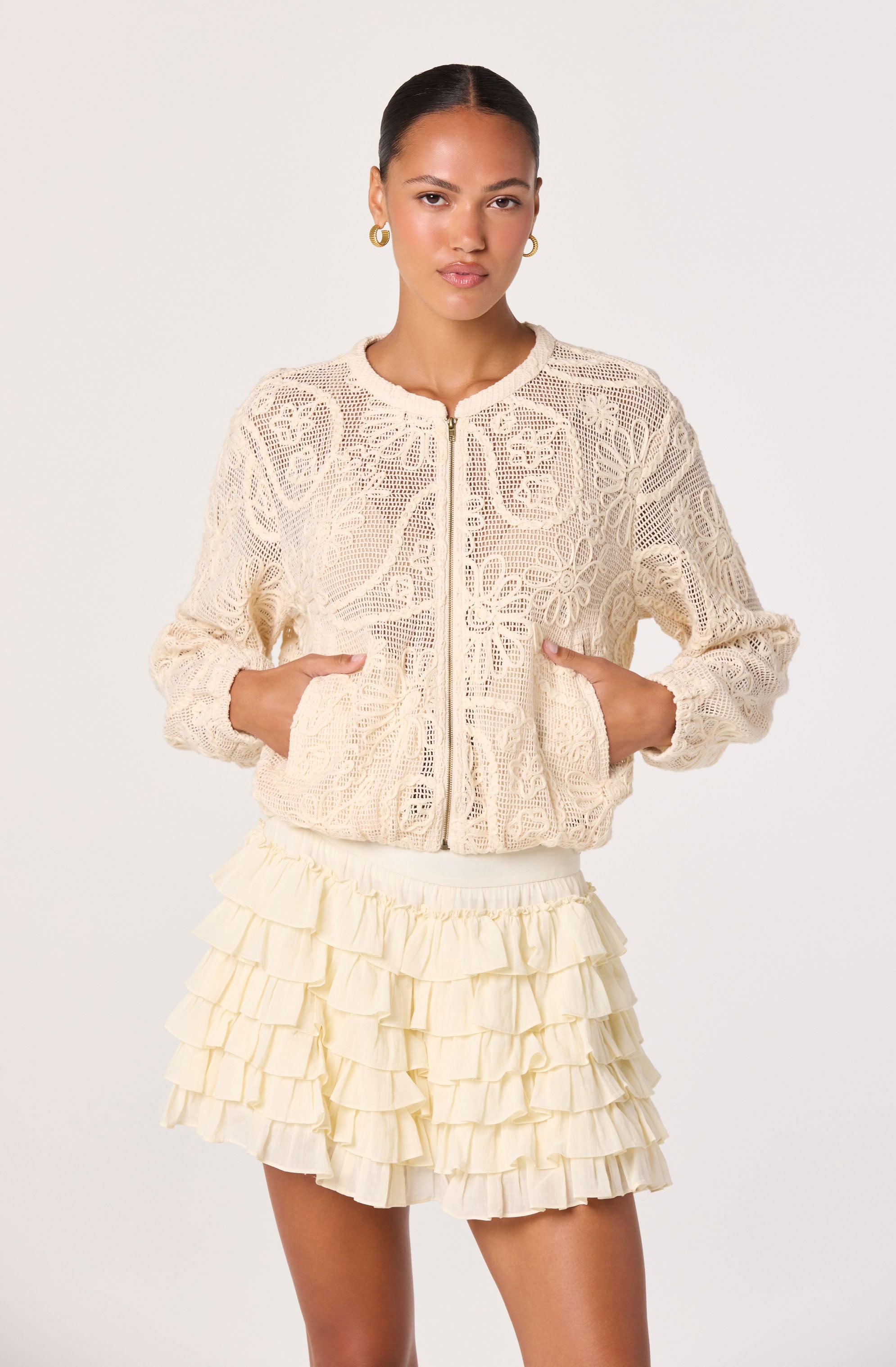 Aeva Embroidered Crochet Bomber Jacket