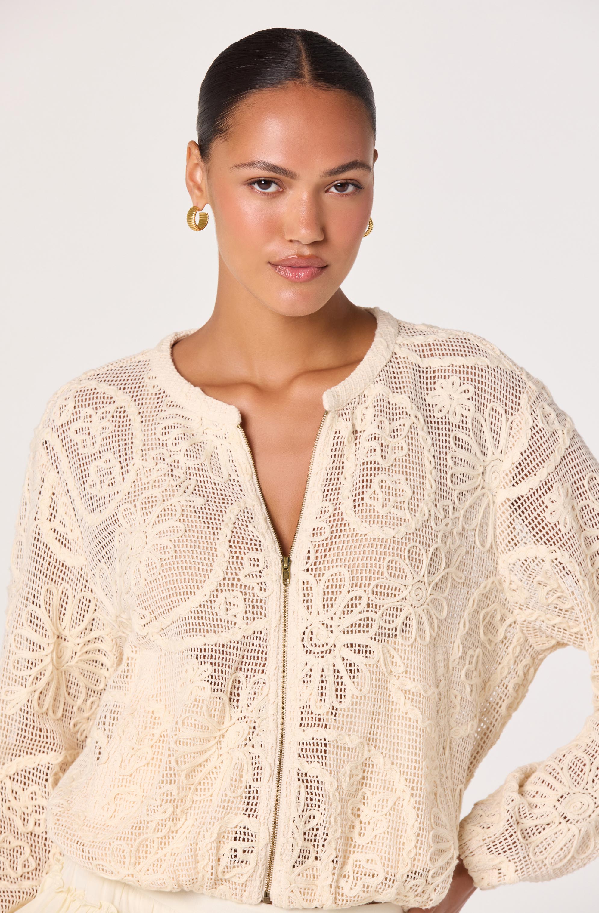 Aeva Embroidered Crochet Bomber Jacket