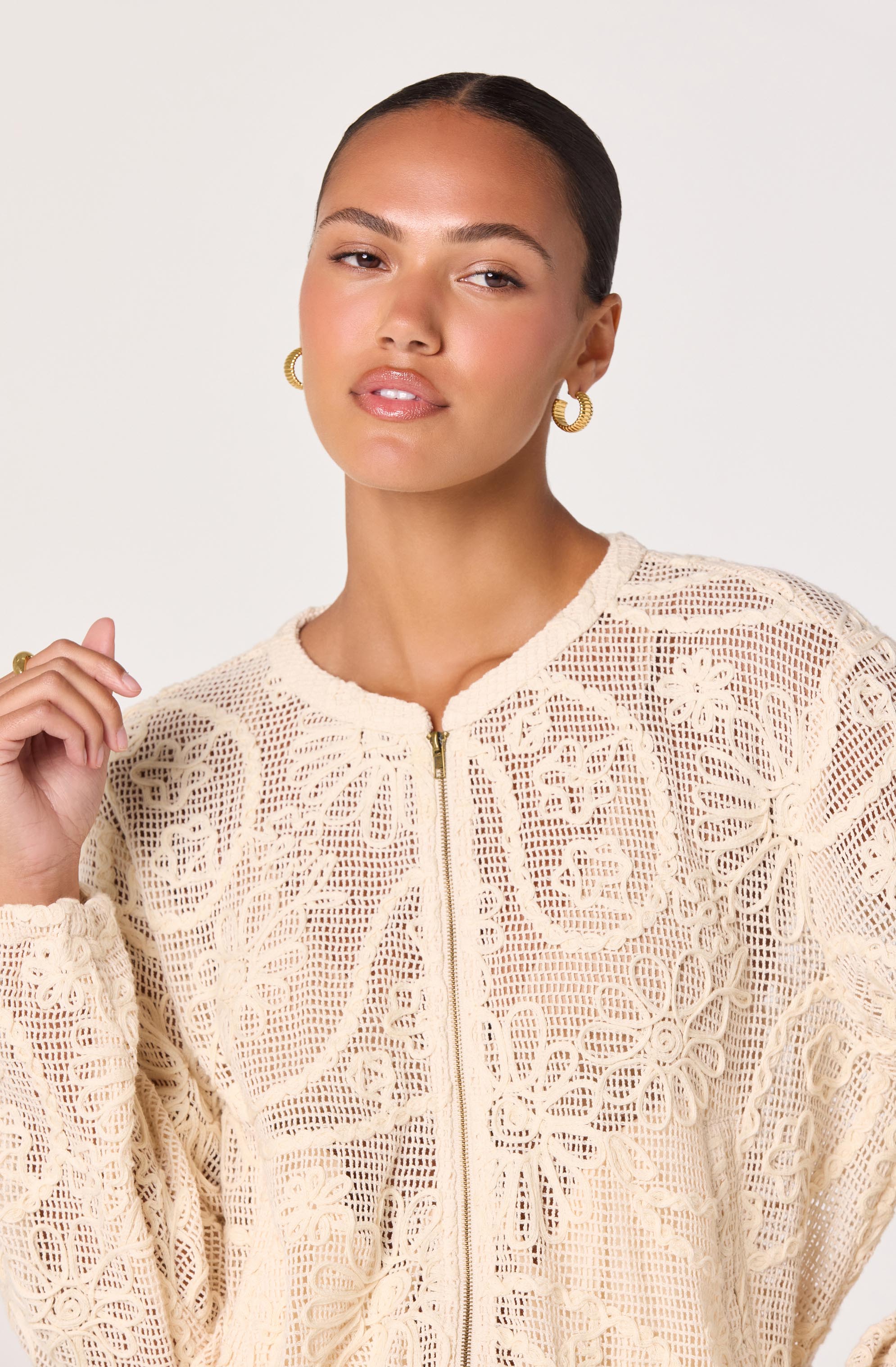 Aeva Embroidered Crochet Bomber Jacket