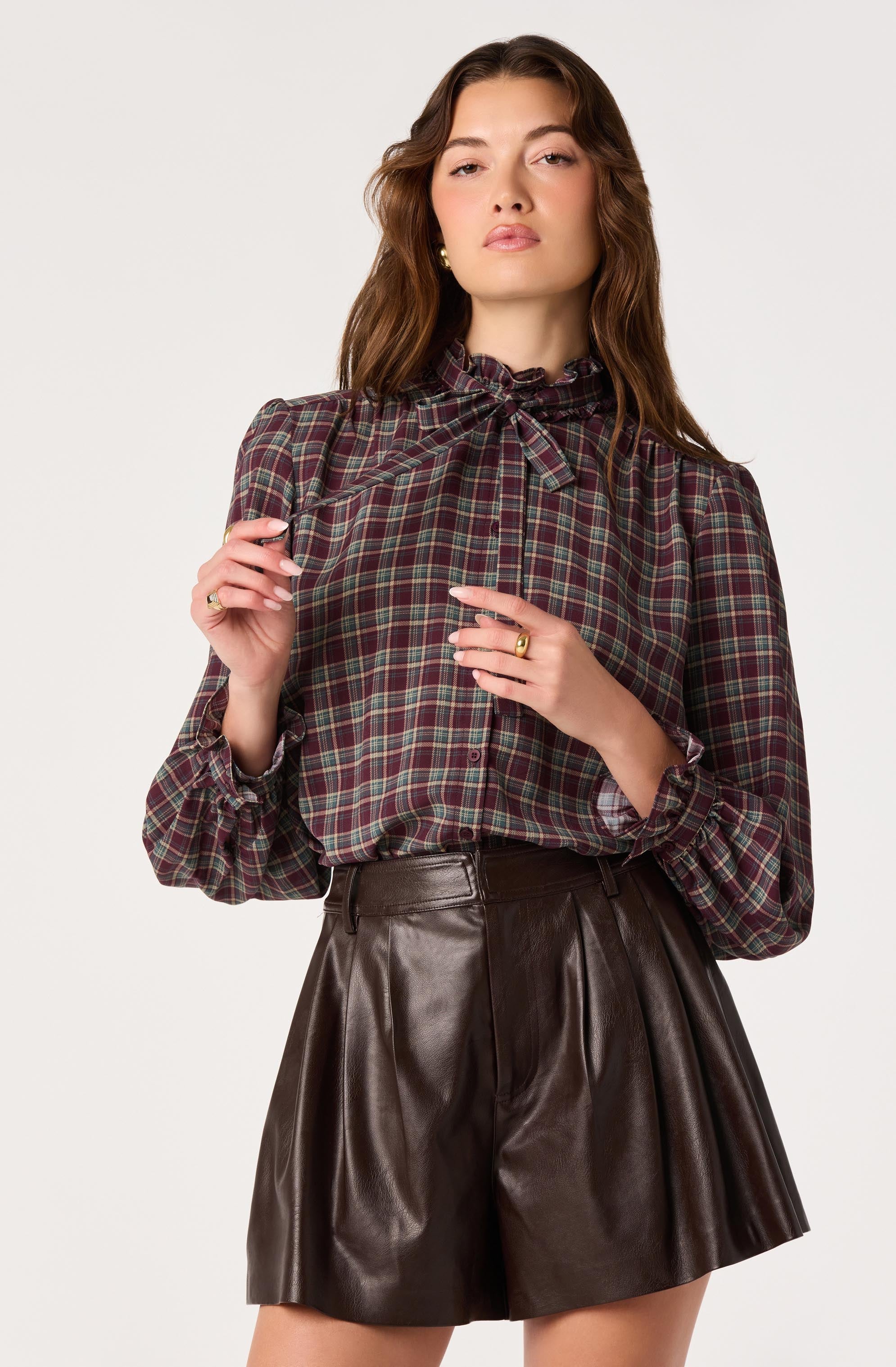 Alyssa Plaid Ruffle-Collar Blouse