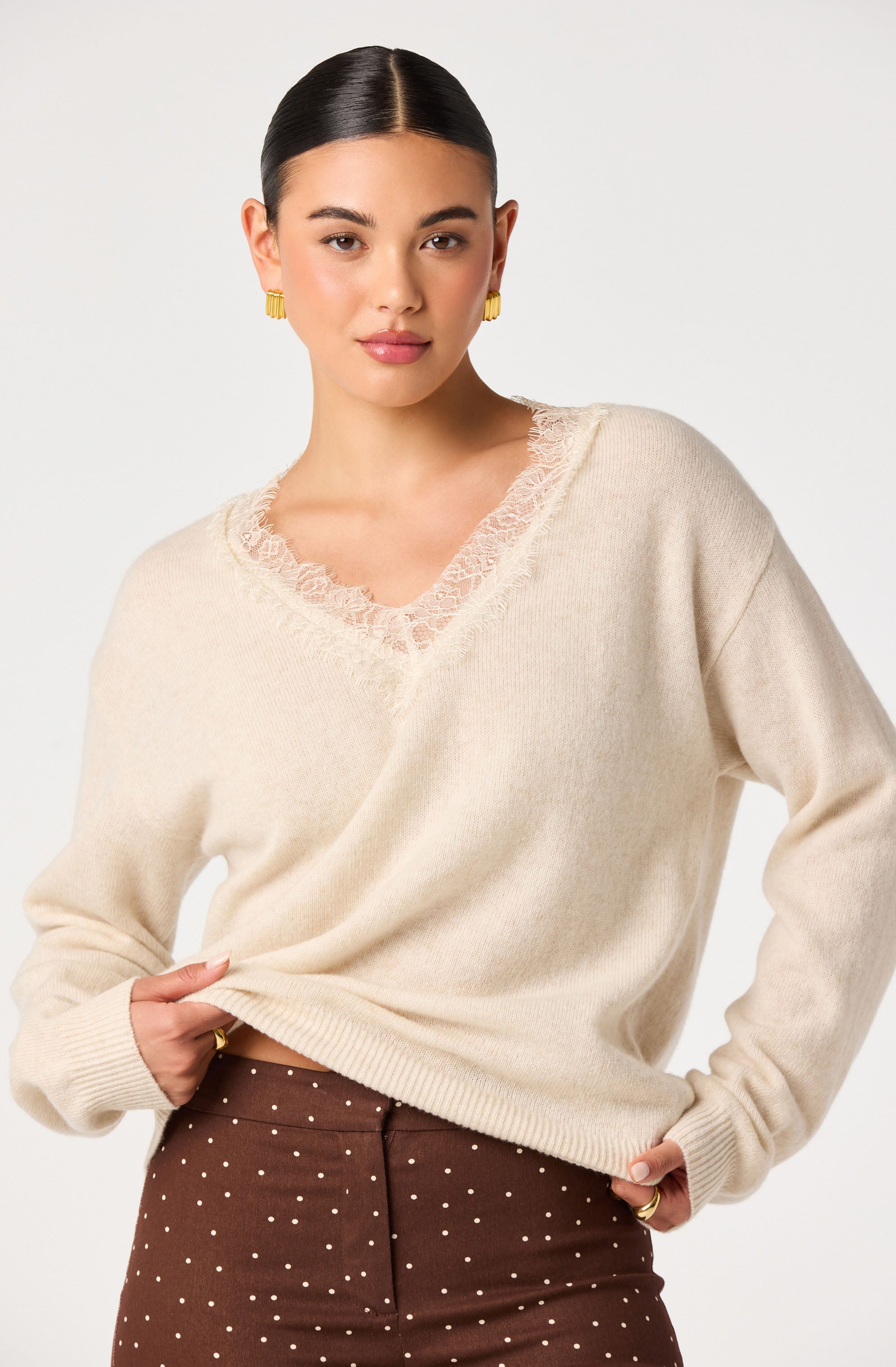 Jadyn Lace-Trim V-Neck Sweater