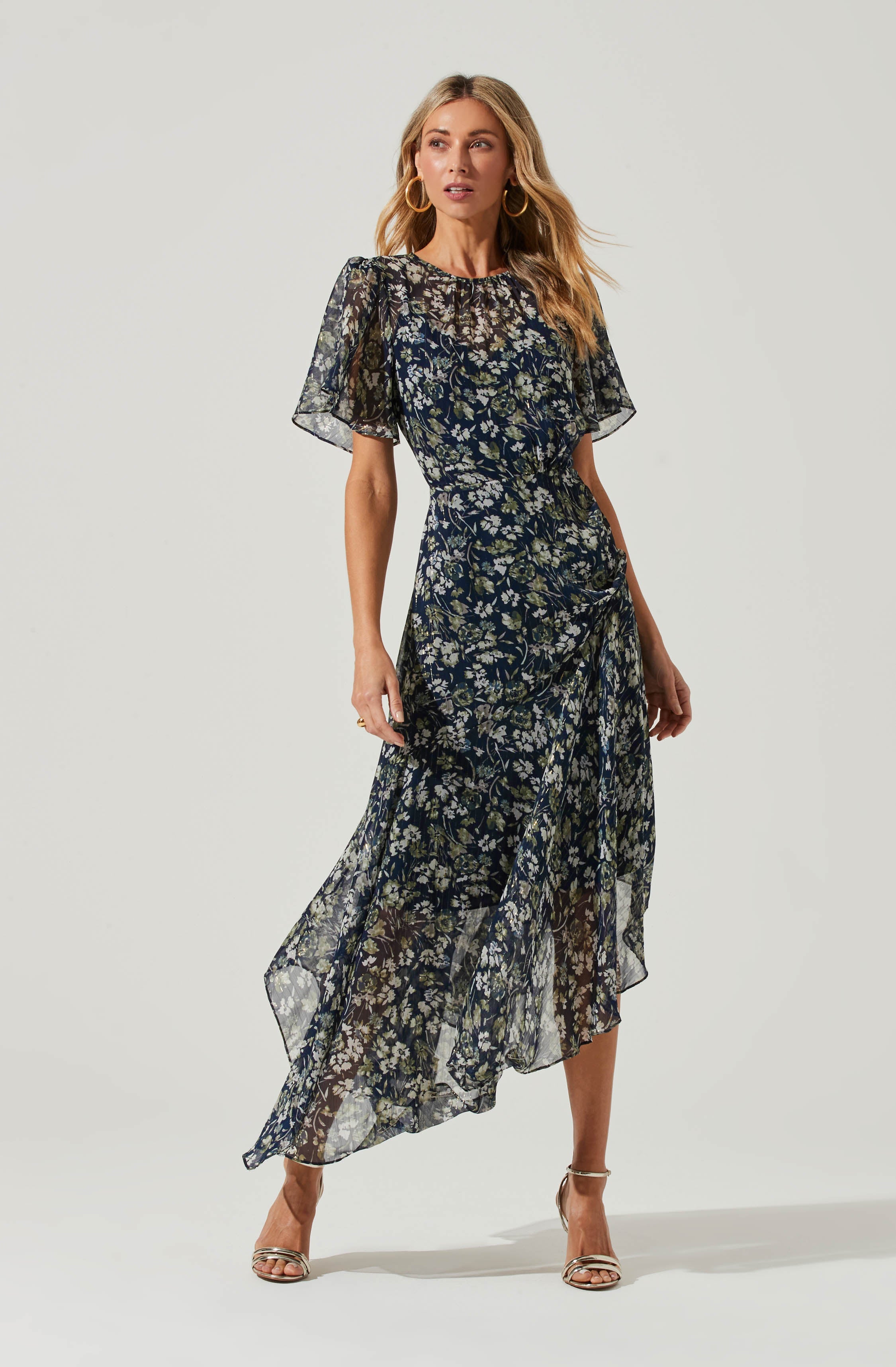 Flutter Sleeve Floral Asymmetric Maxi Dress