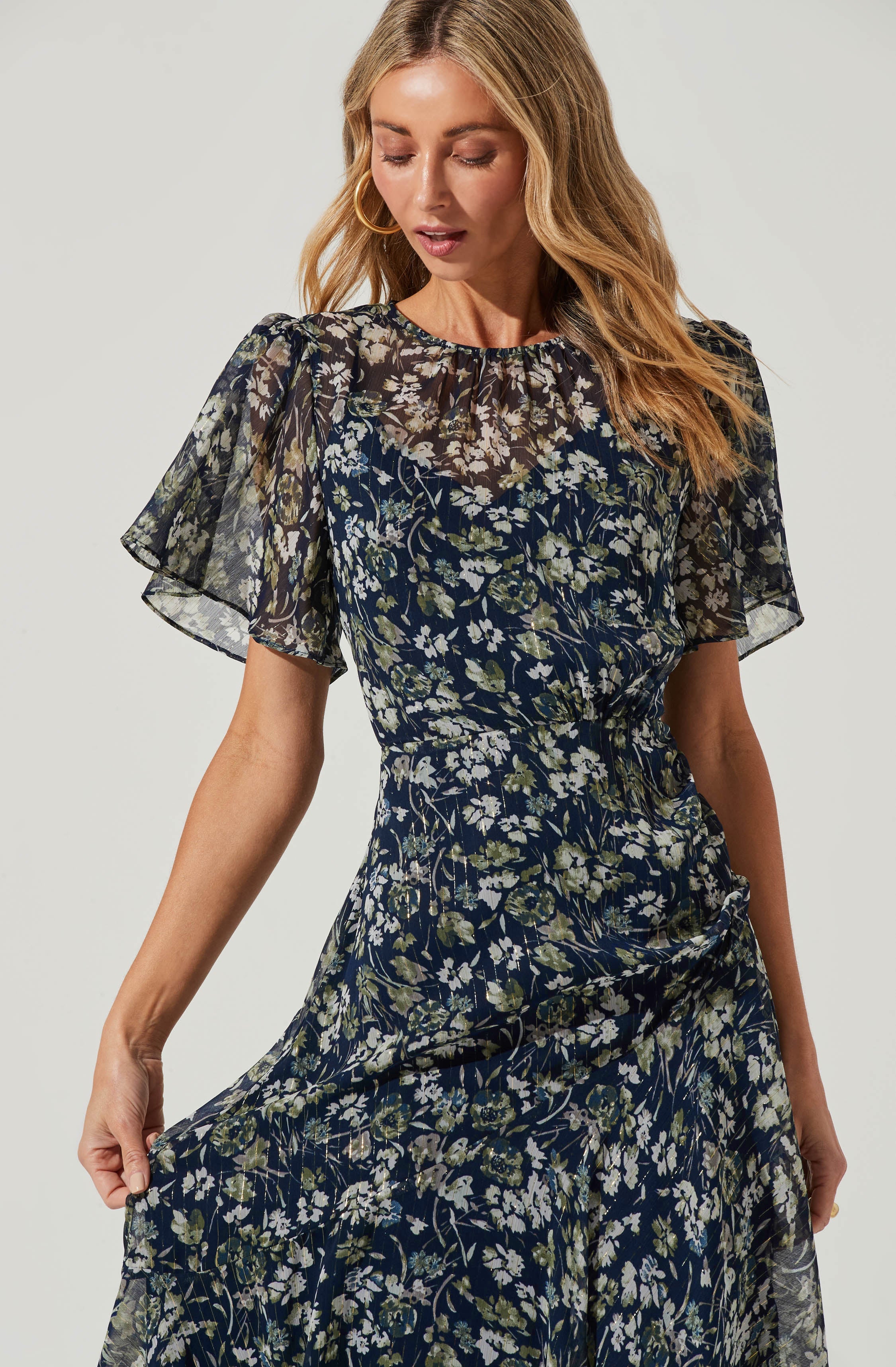 Flutter Sleeve Floral Asymmetric Maxi Dress