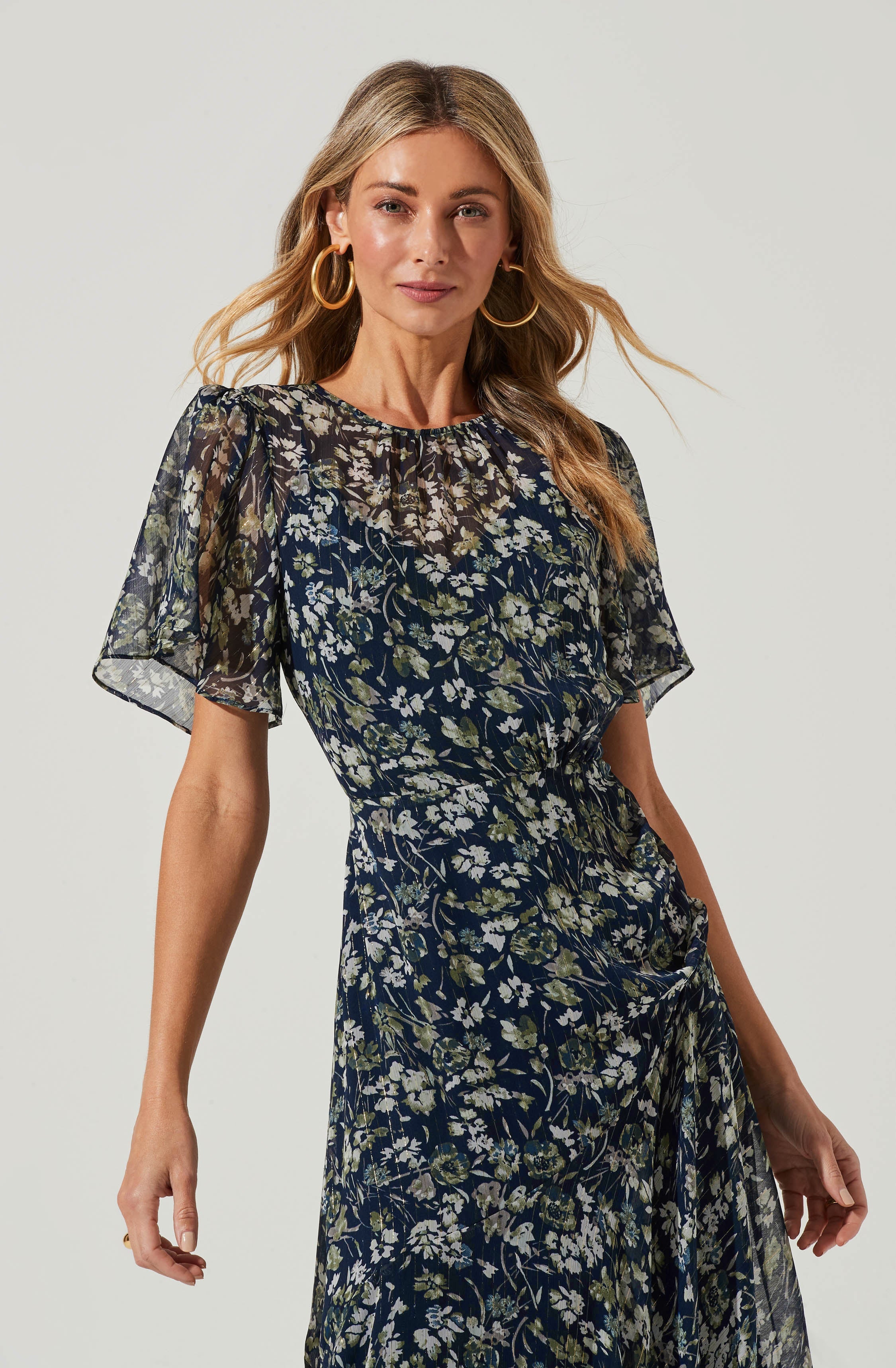 Flutter Sleeve Floral Asymmetric Maxi Dress