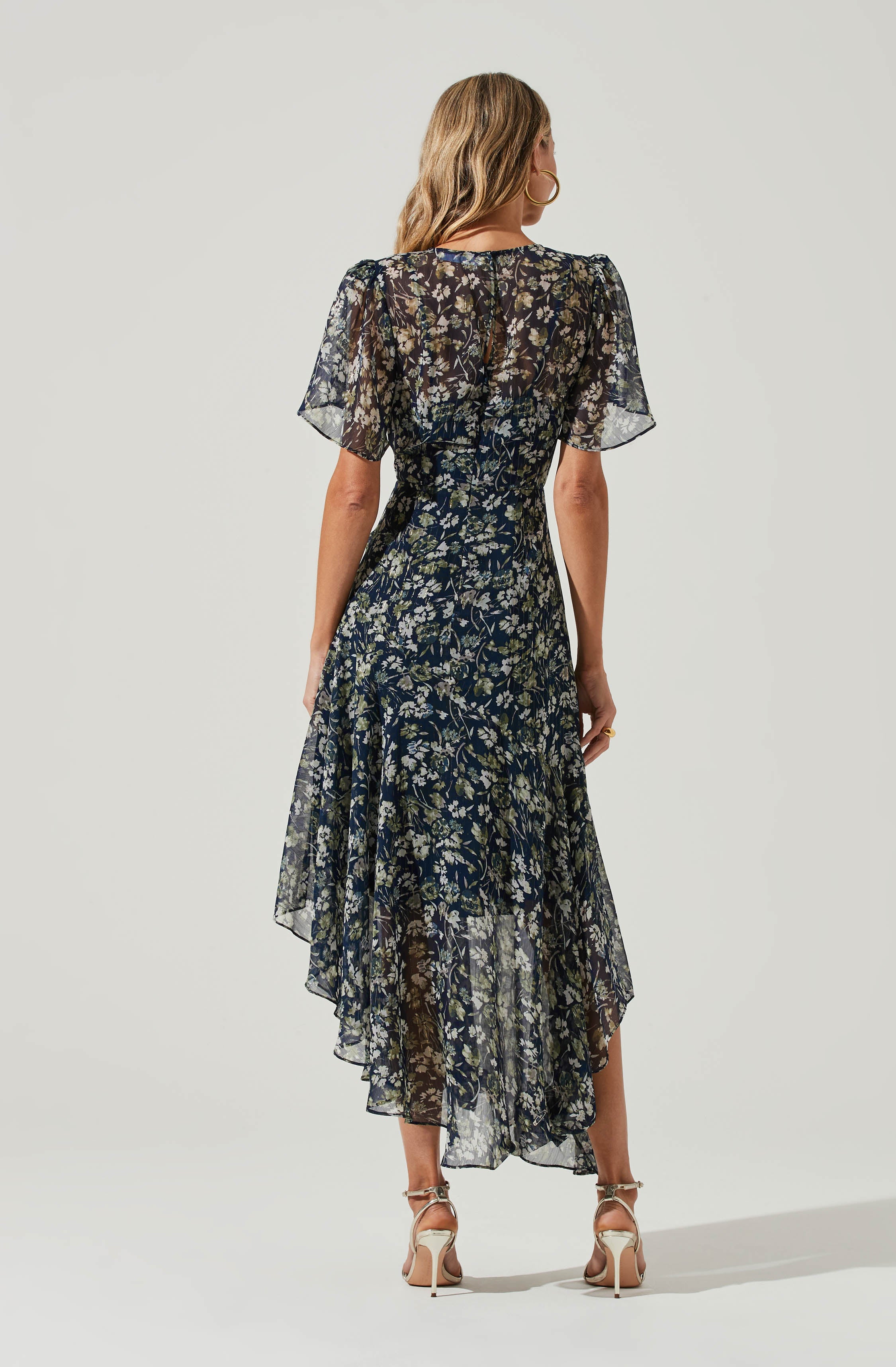 Flutter Sleeve Floral Asymmetric Maxi Dress