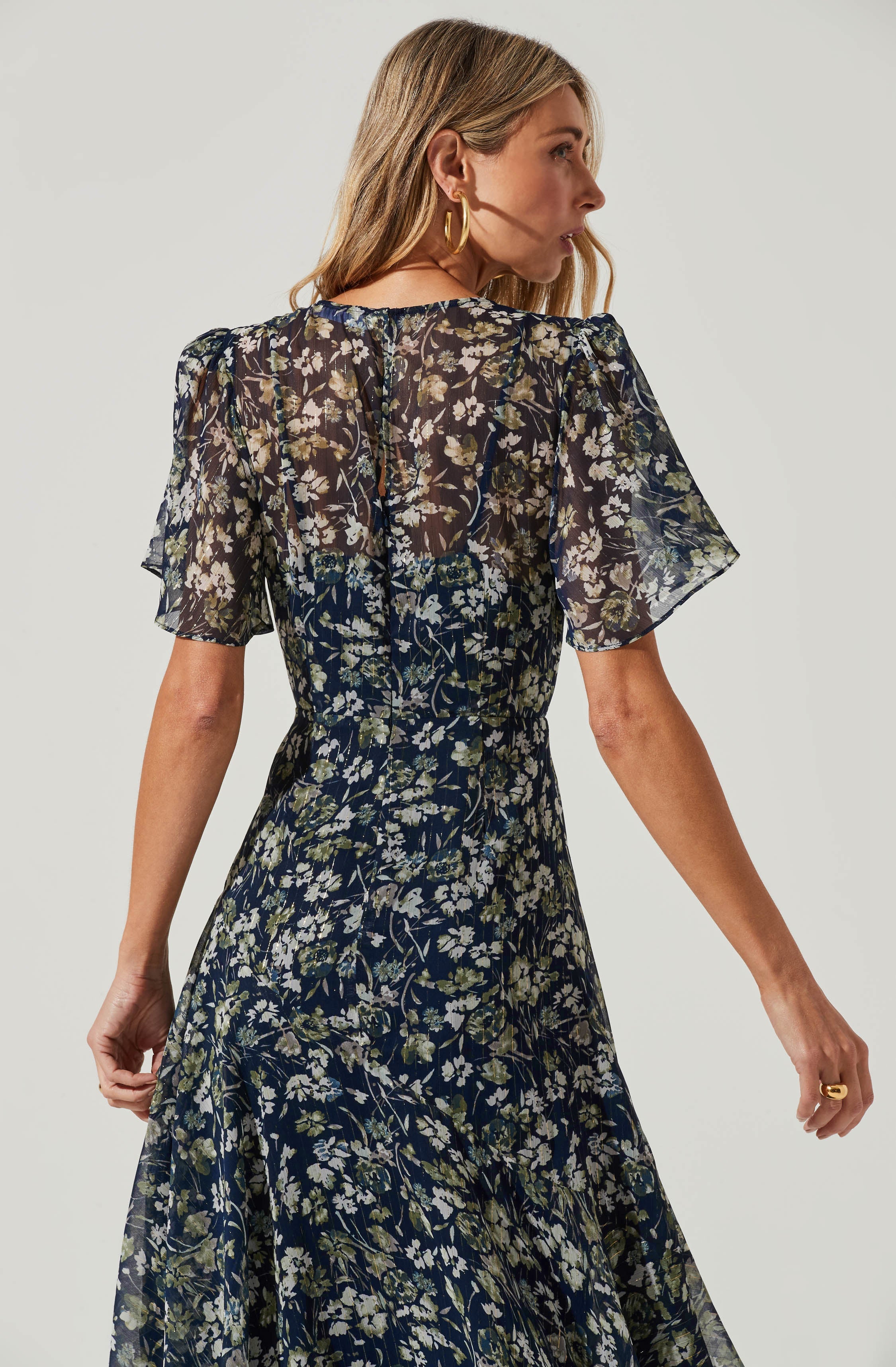 Flutter Sleeve Floral Asymmetric Maxi Dress