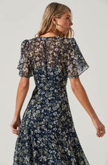 Flutter Sleeve Floral Asymmetric Maxi Dress