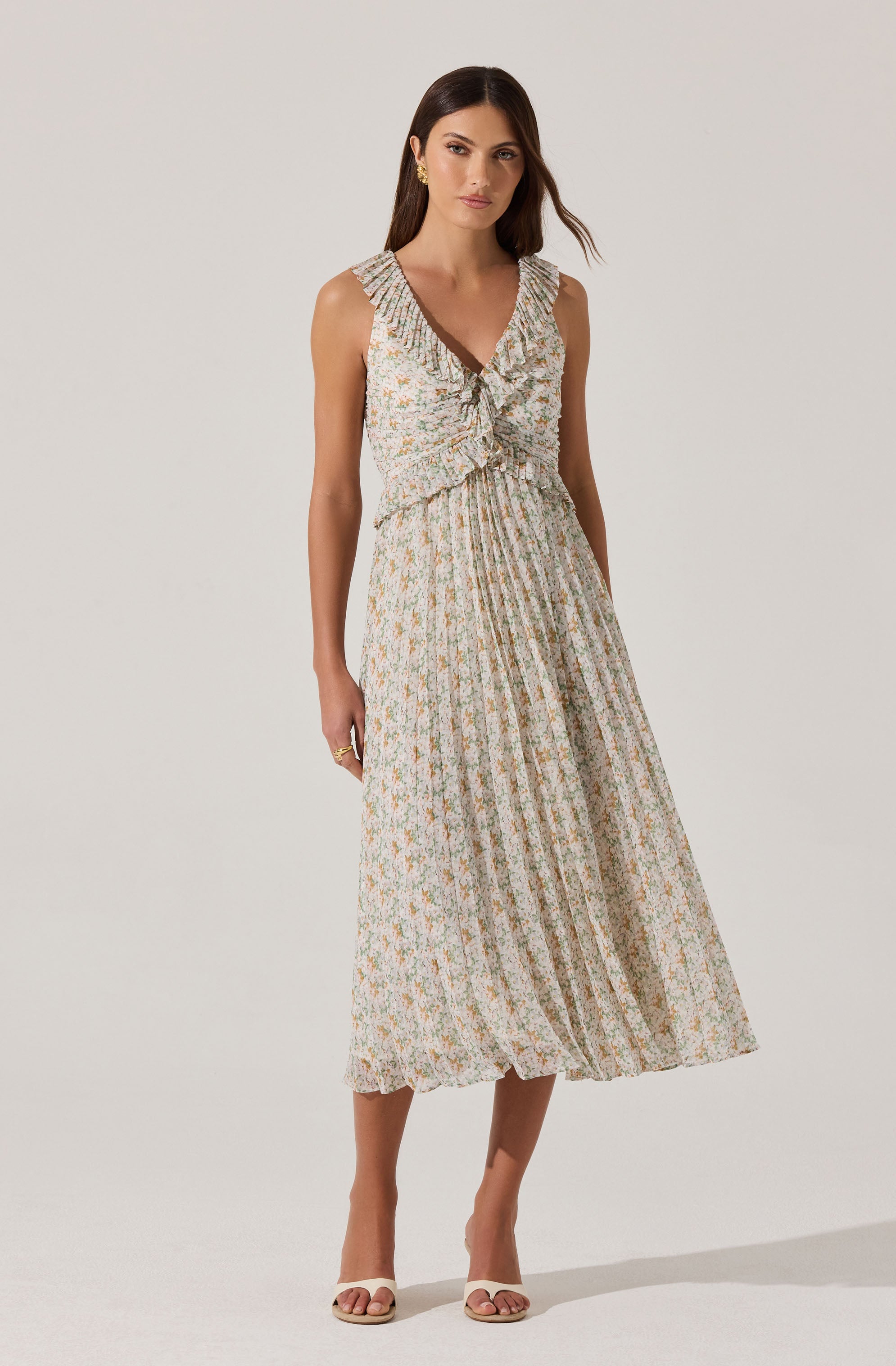 Floral Ruffle Pleated Midi Dress