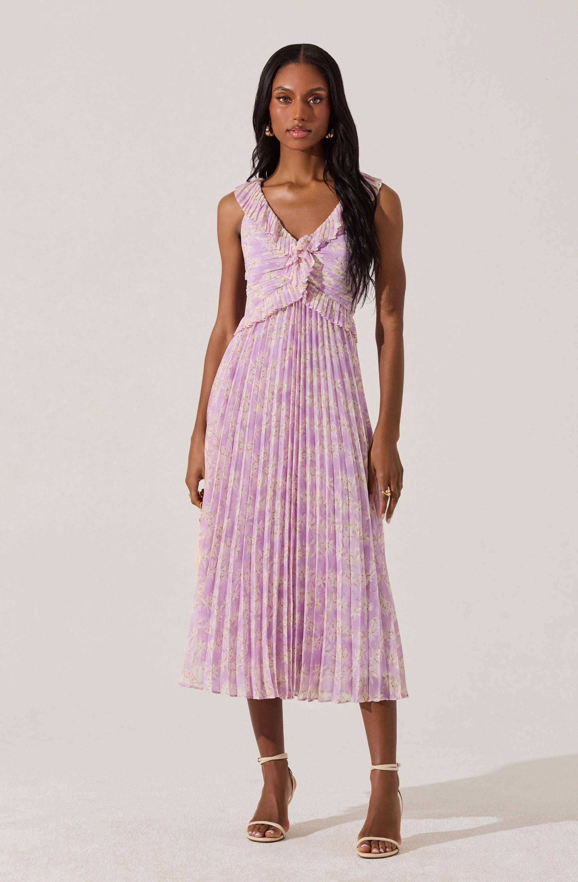 Floral Ruffle Pleated Midi Dress