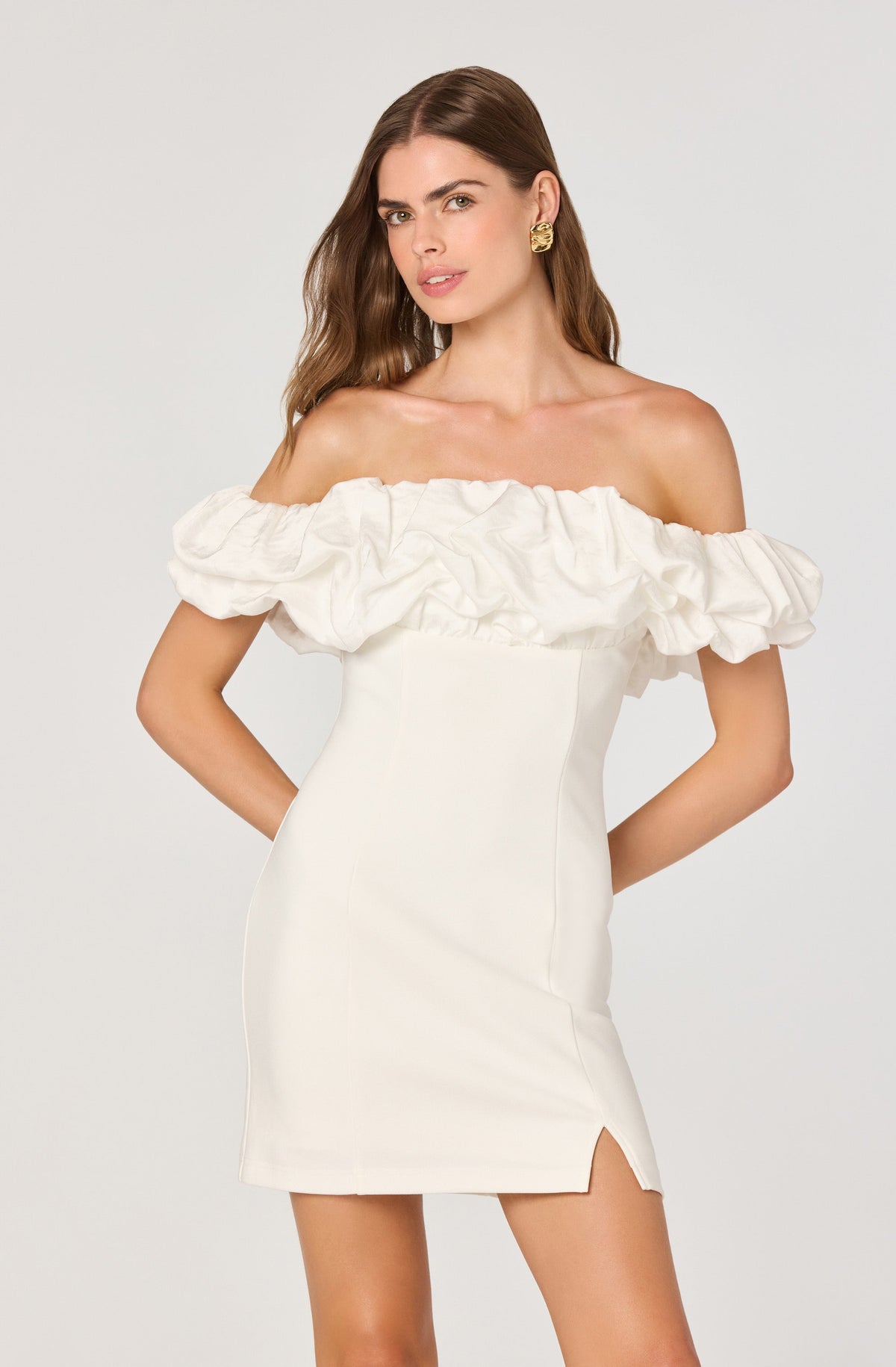 3d scrunch off shoulder mini dress