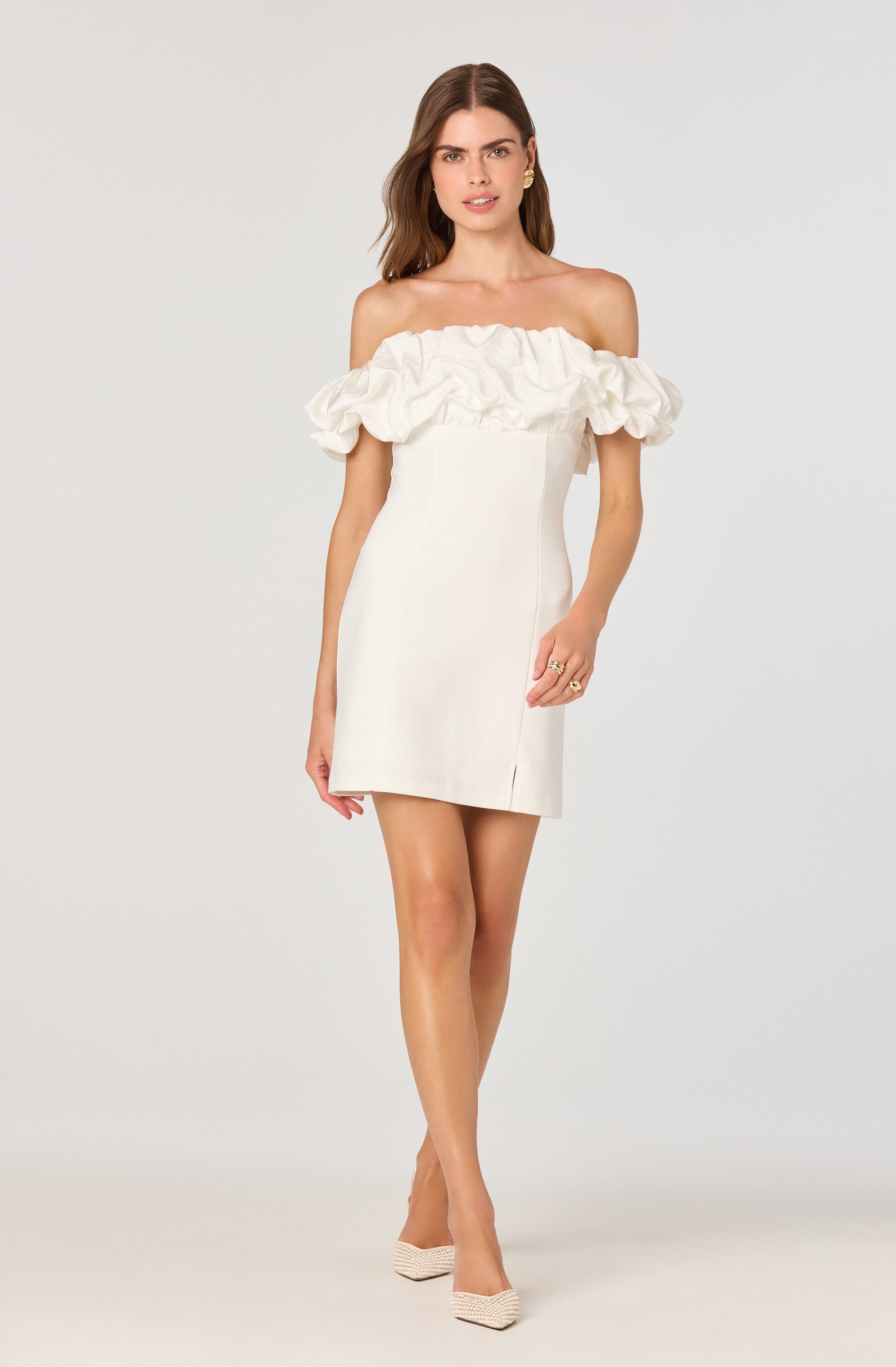 3d scrunch off shoulder mini dress