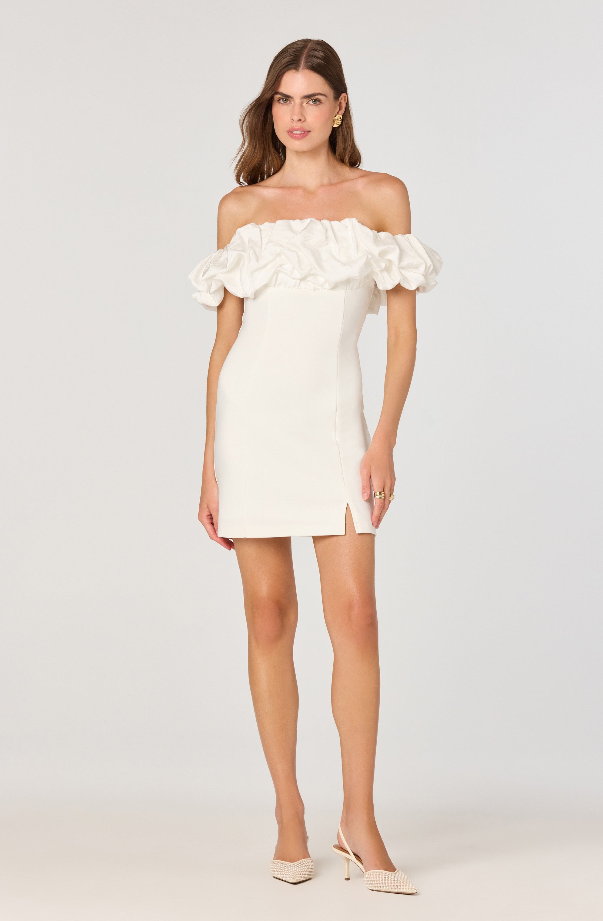 3d scrunch off shoulder mini dress