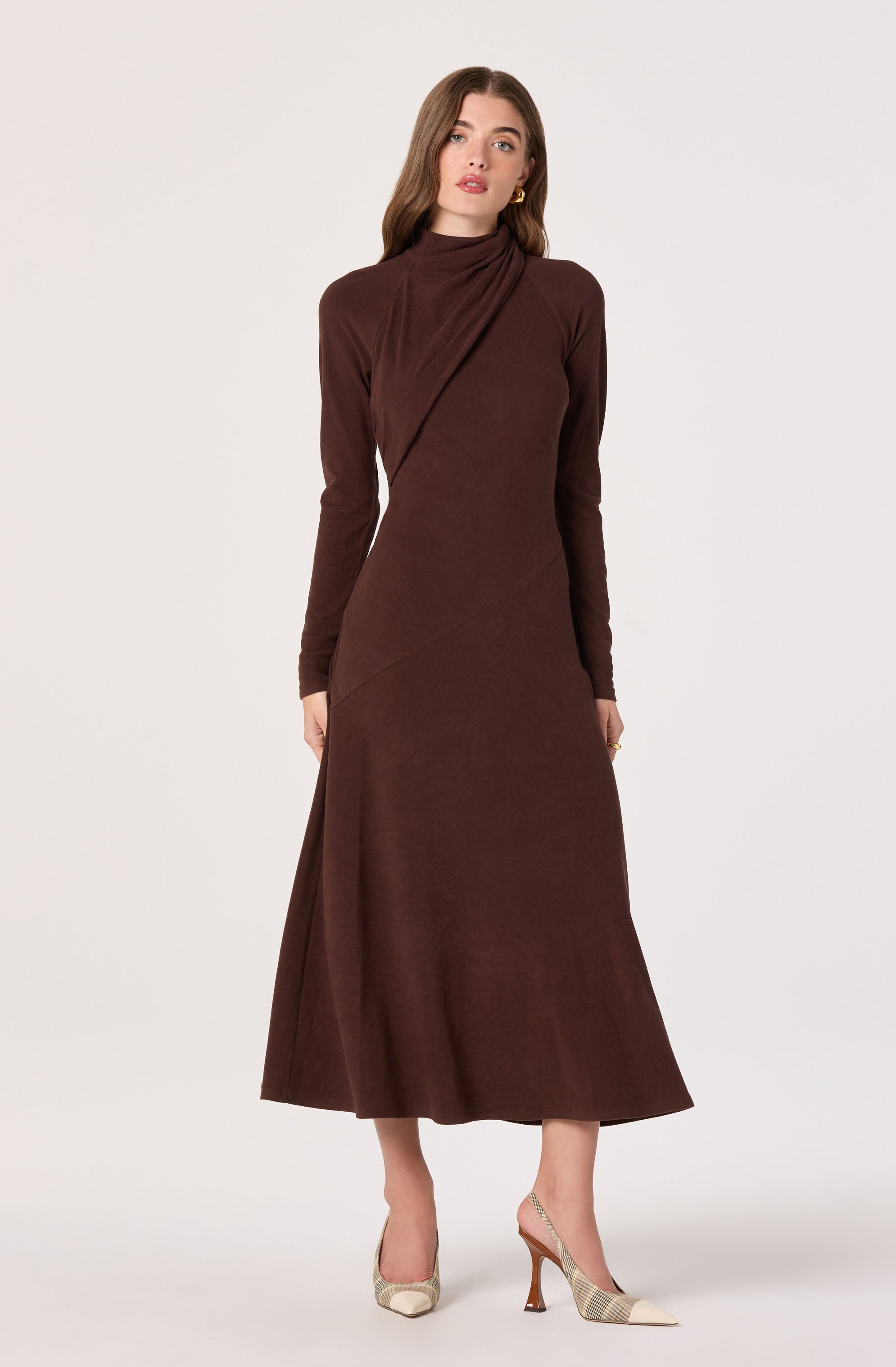 Asymmetric Draped Mock Neck Midi Dress