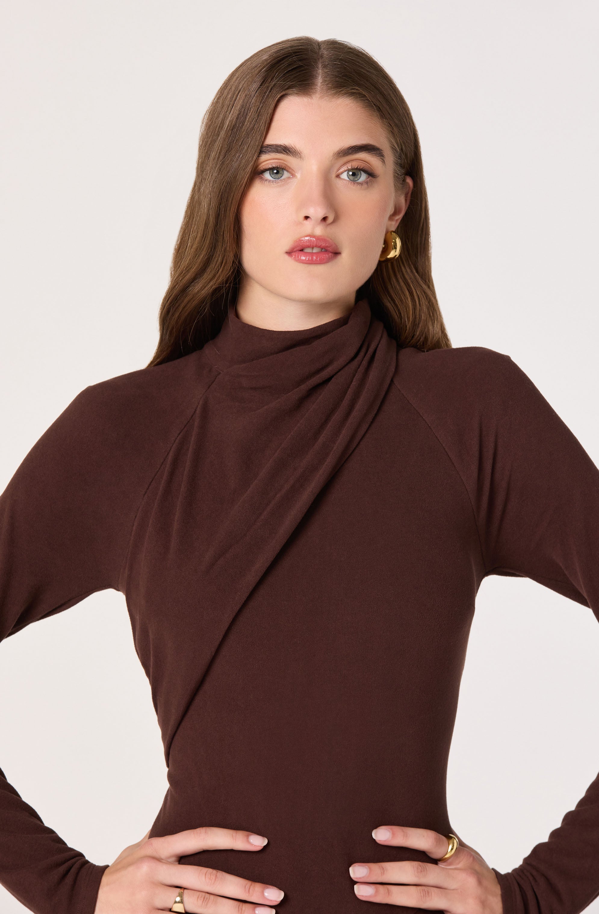 Asymmetric Draped Mock Neck Midi Dress