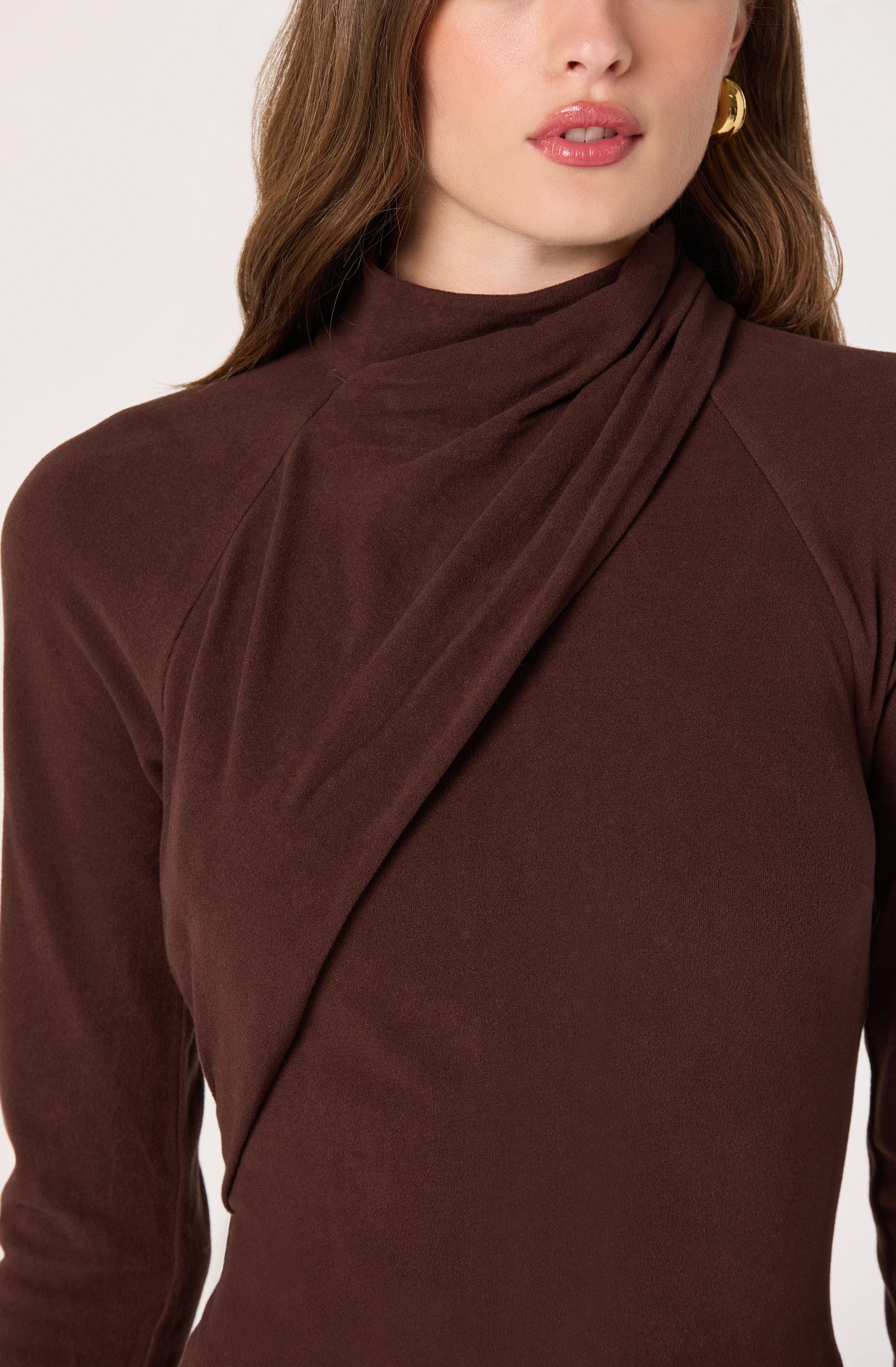 Asymmetric Draped Mock Neck Midi Dress