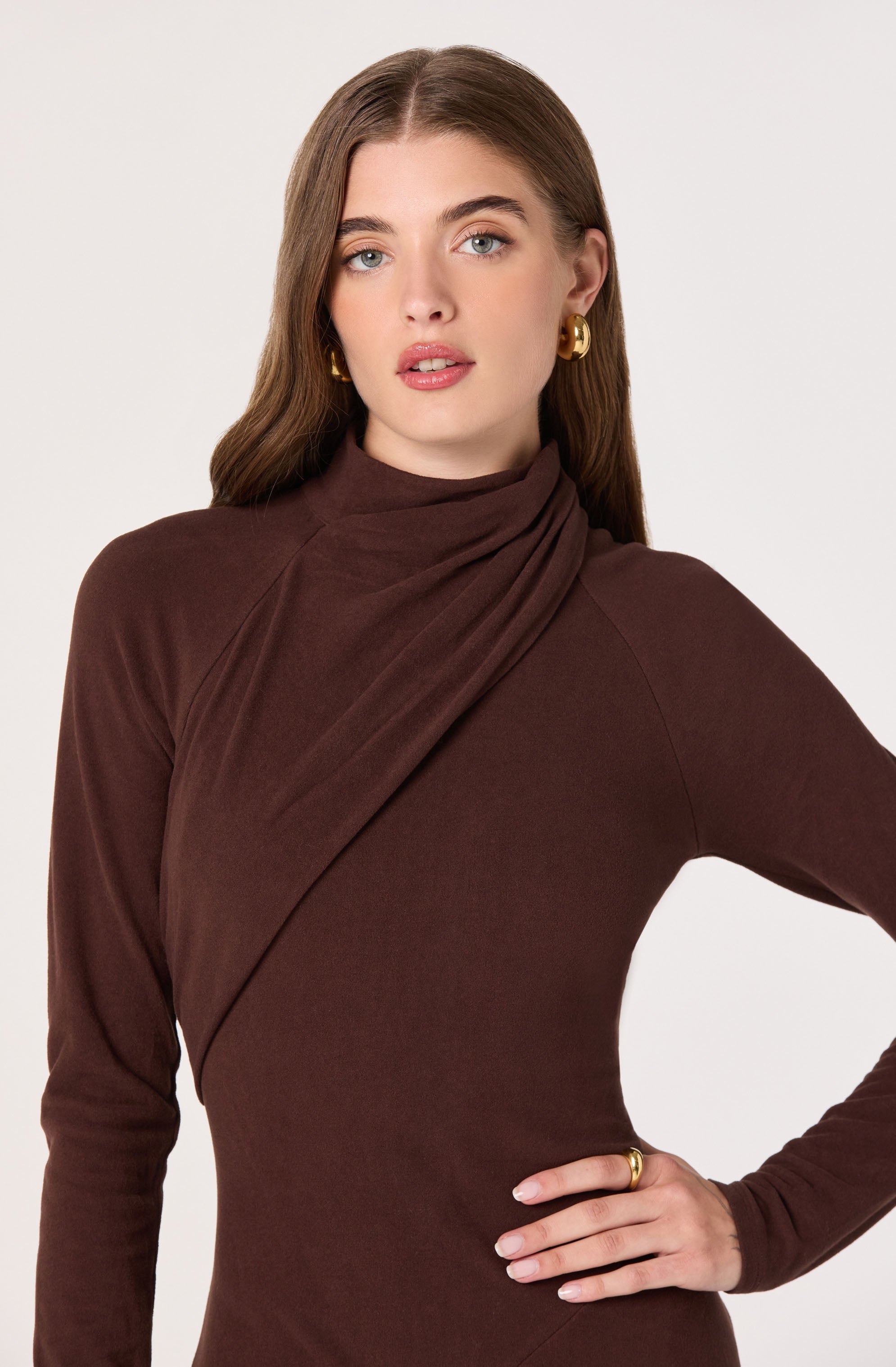 Asymmetric Draped Mock Neck Midi Dress